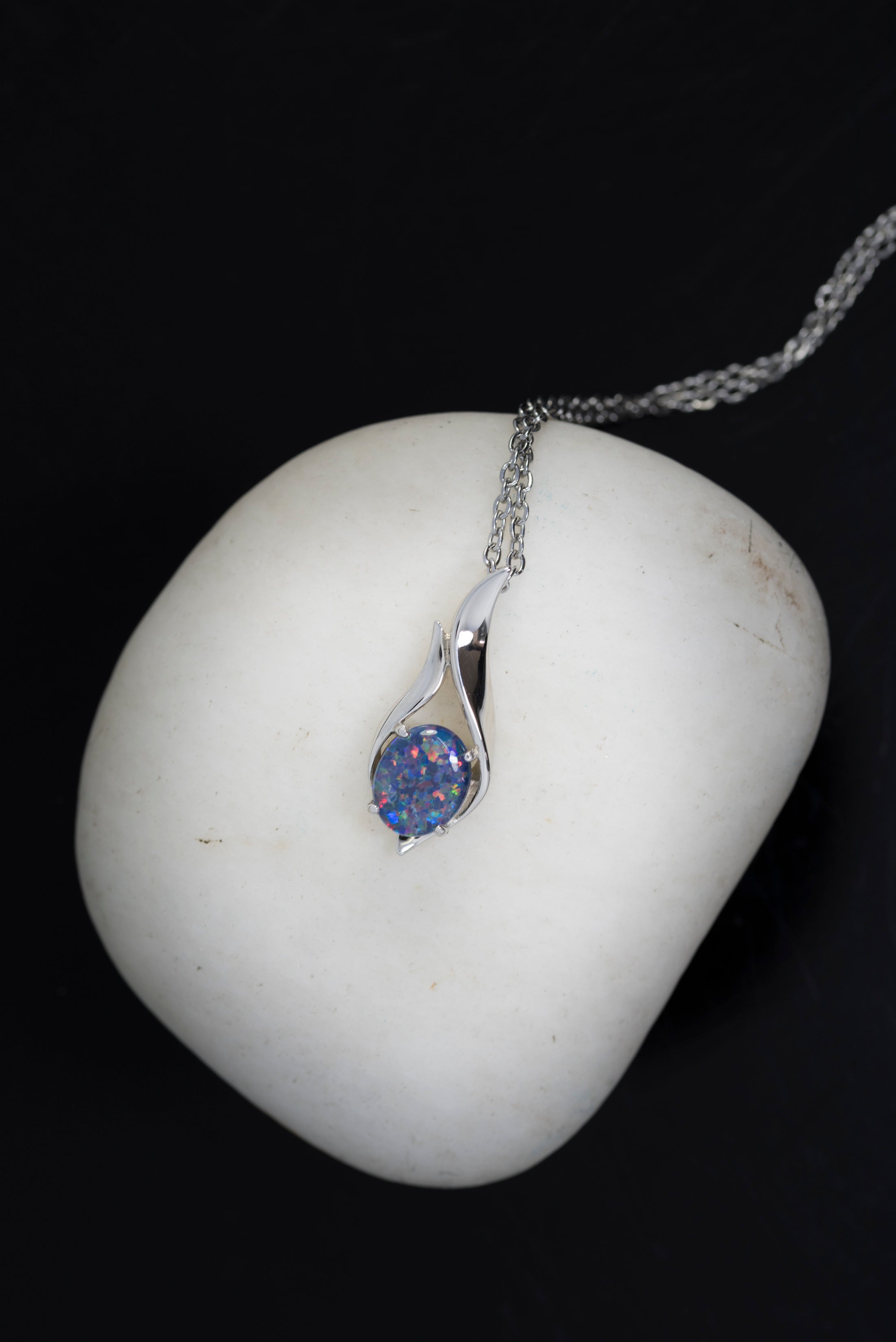 Multi Color Australian Black Opal Triplet - Genuine Australian Triplet Opal Necklace Pendant - White Gold Plated on Sterling Silver Women's Jewelry