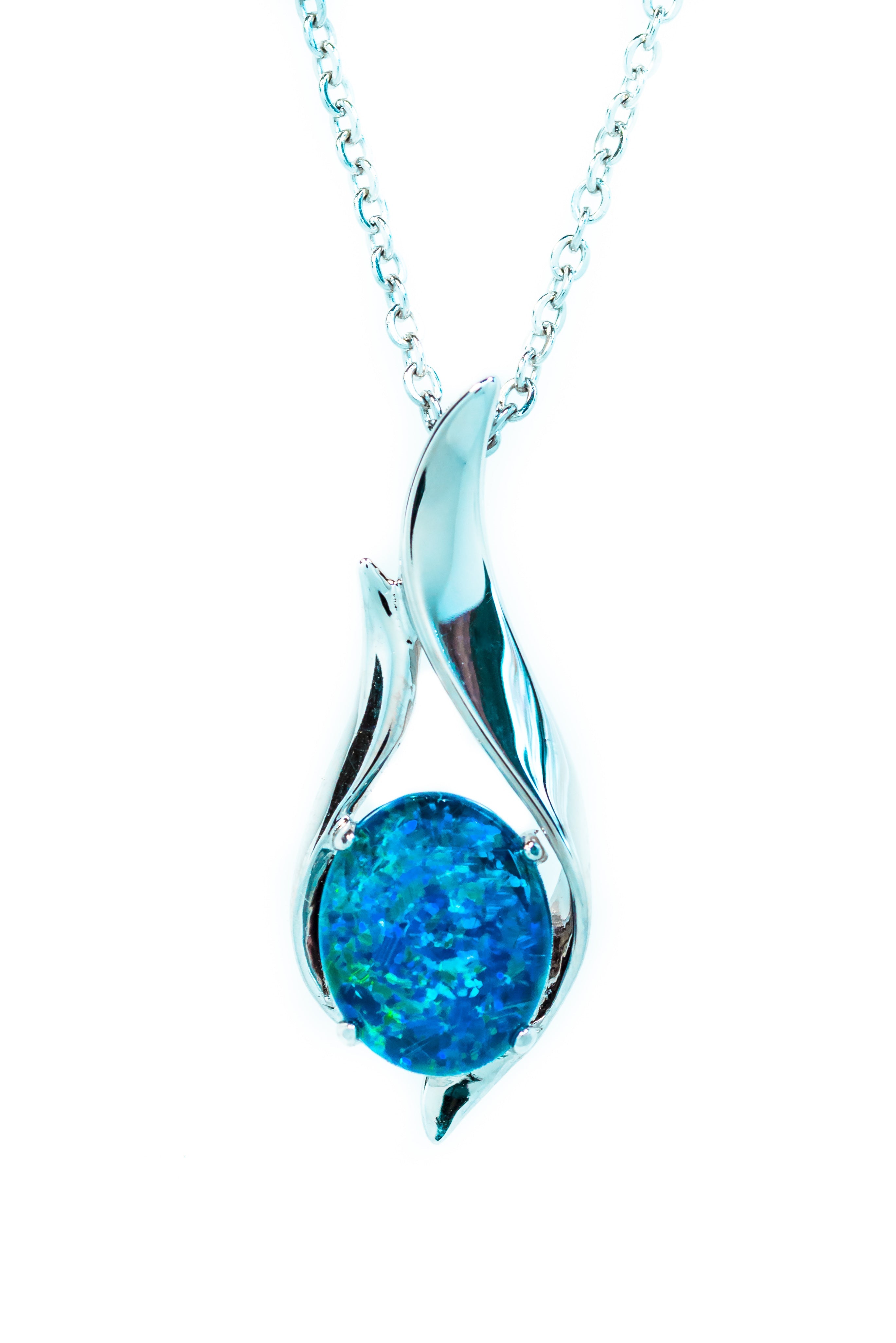 Australian Black Opal Triplet in Ocean Blue Color - Genuine Australian Triplet Opal Necklace Pendant - Elegant Design - White Gold Plated on Sterling Silver Women's Jewelry