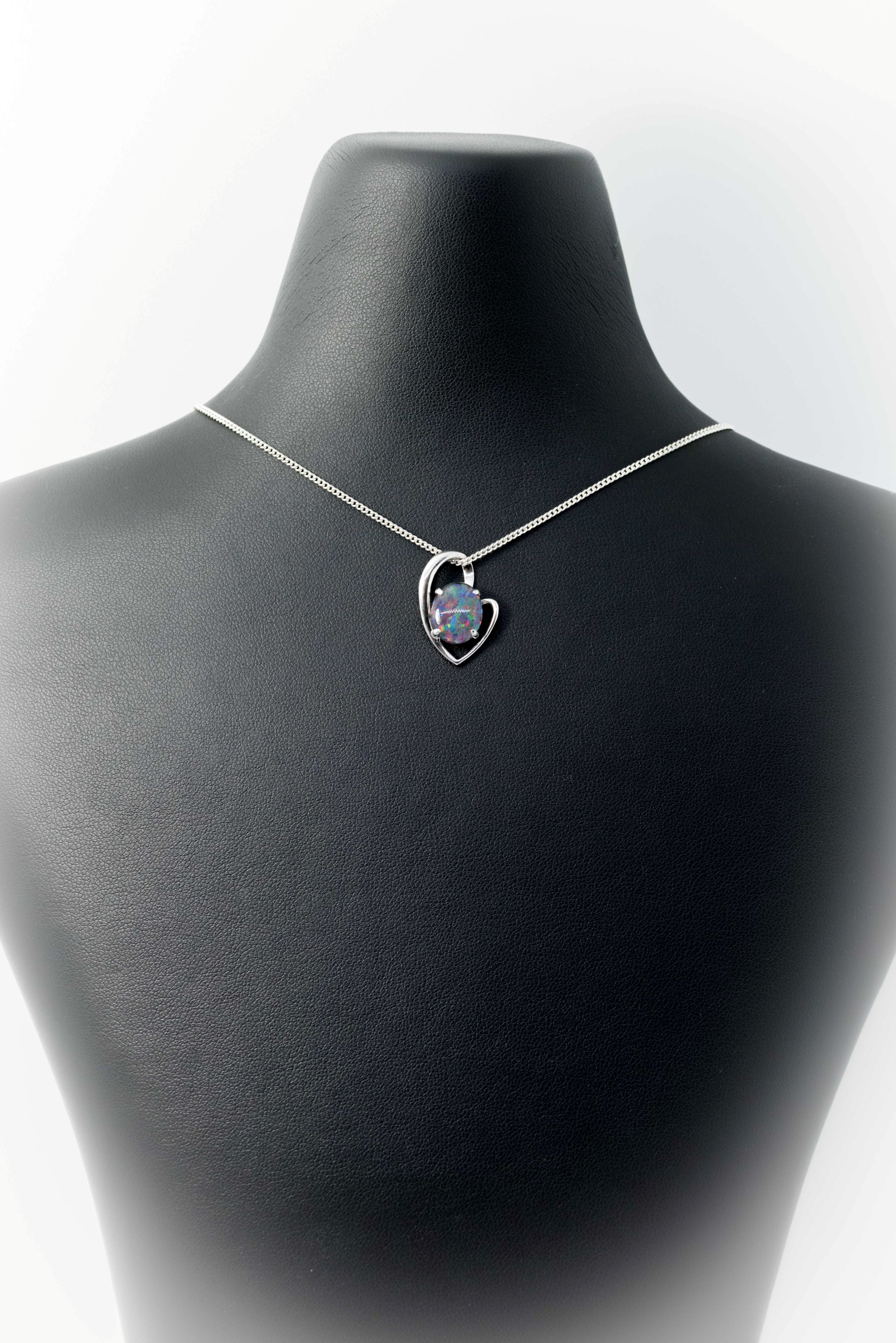 Australian Triplet Opal - Multi Color Fire Opal Necklace - - Heart Design - Genuine Australian Triplet Opal Necklace Pendant in Sterling Silver White Gold Plated