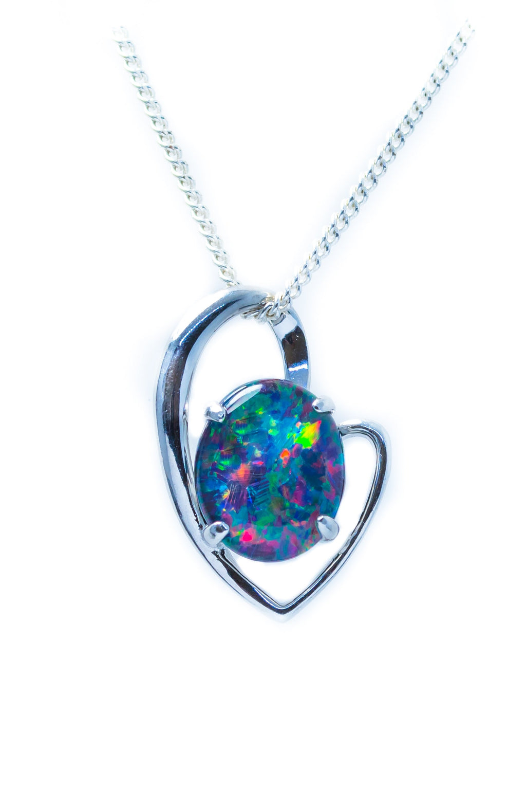 Australian Triplet Opal - Multi Color Fire Opal Necklace - - Heart Design - Genuine Australian Triplet Opal Necklace Pendant in Sterling Silver White Gold Plated