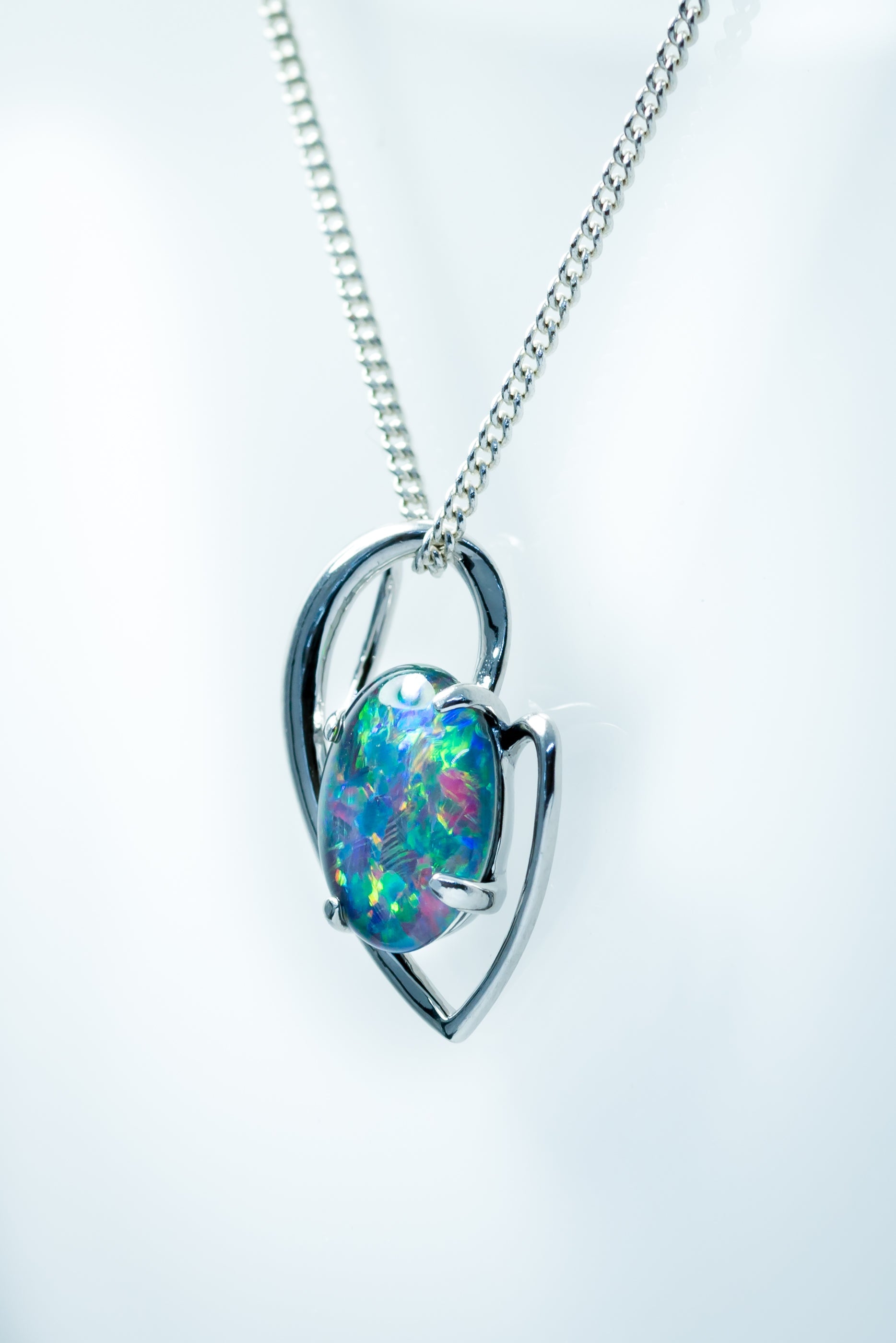 Australian Triplet Opal - Multi Color Fire Opal Necklace - - Heart Design - Genuine Australian Triplet Opal Necklace Pendant in Sterling Silver White Gold Plated