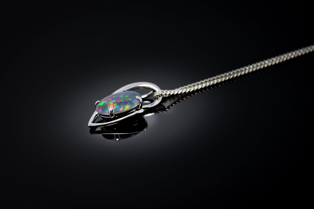 Australian Triplet Opal - Multi Color Fire Opal Necklace - - Heart Design - Genuine Australian Triplet Opal Necklace Pendant in Sterling Silver White Gold Plated