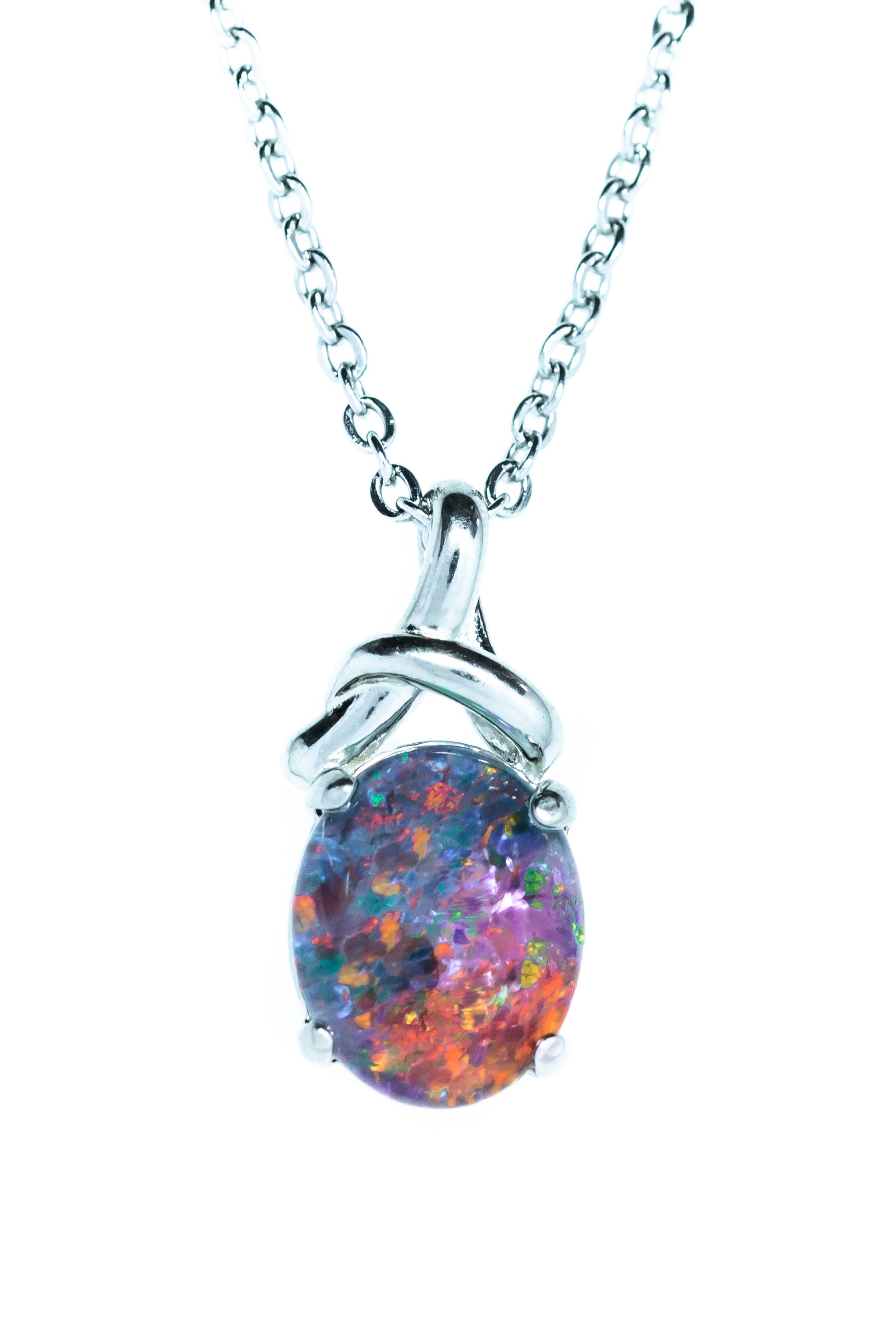 Australian Triplet Opal - Multi Color Fiery Opal Necklace - Genuine Australian Triplet Opal Necklace Pendant in Sterling Silver White Gold Plated