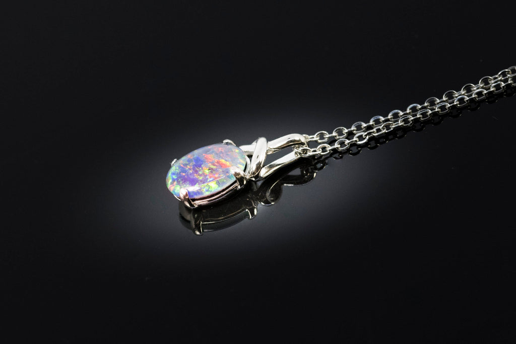 Australian Triplet Opal - Multi Color Fiery Opal Necklace - Genuine Australian Triplet Opal Necklace Pendant in Sterling Silver White Gold Plated
