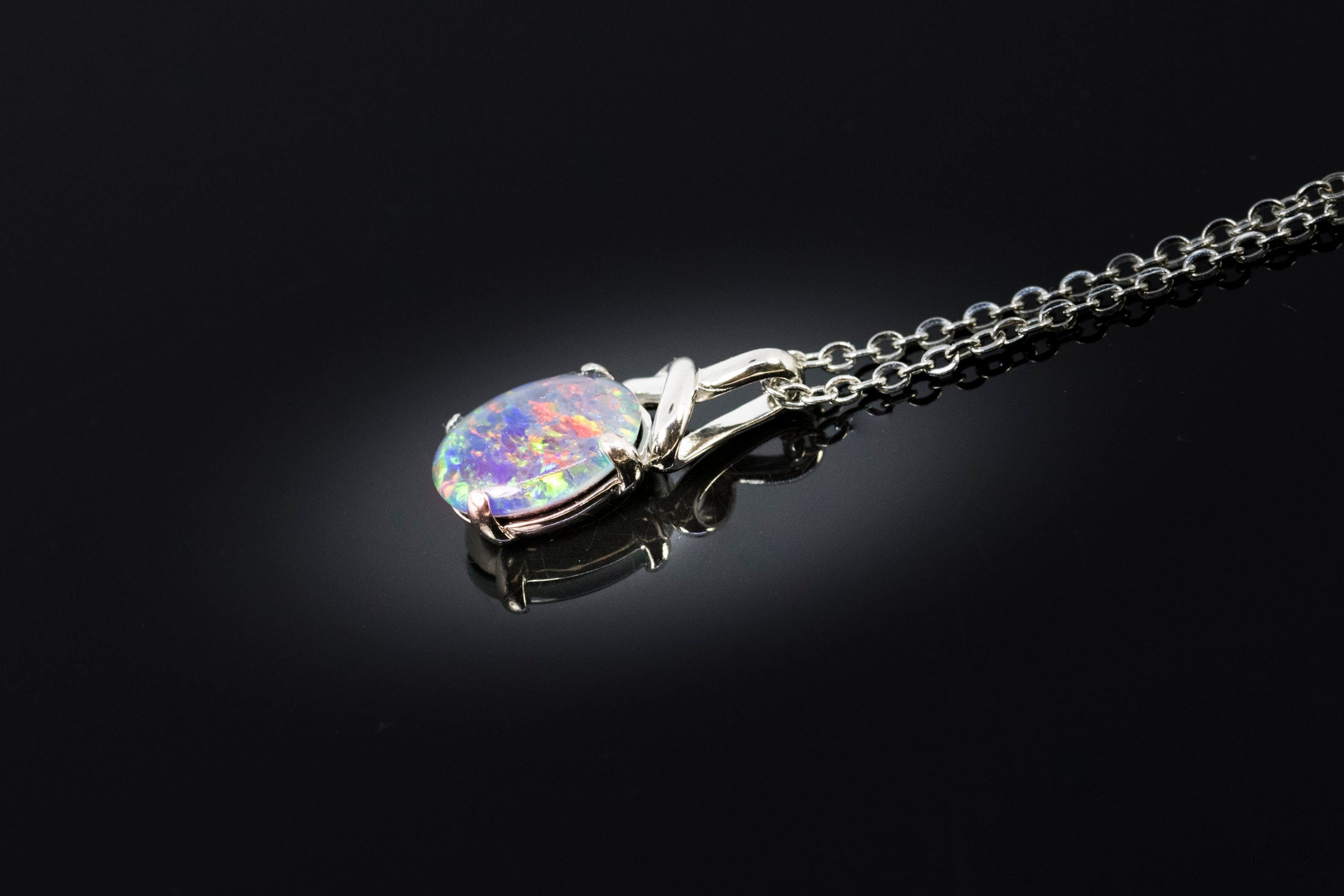 Australian Triplet Opal - Multi Color Fiery Opal Necklace - Genuine Australian Triplet Opal Necklace Pendant in Sterling Silver White Gold Plated