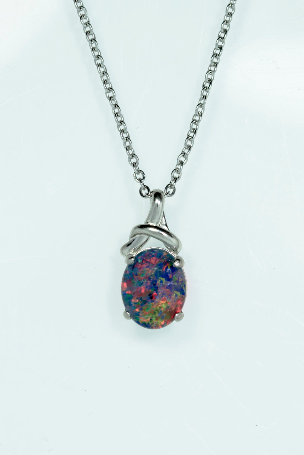 Australian Triplet Opal - Multi Color Fiery Opal Necklace - Genuine Australian Triplet Opal Necklace Pendant in Sterling Silver White Gold Plated