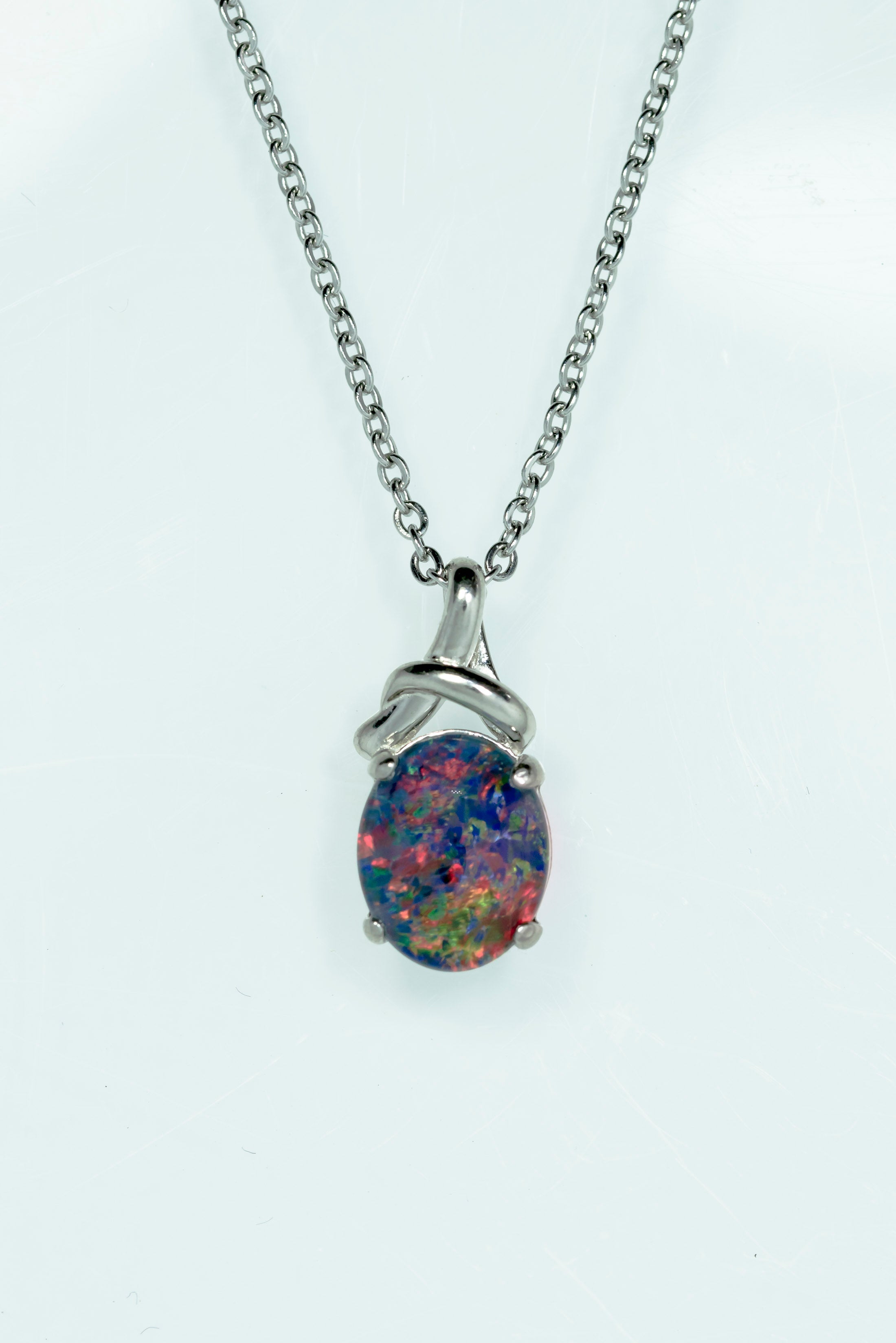 Australian Triplet Opal - Multi Color Fiery Opal Necklace - Genuine Australian Triplet Opal Necklace Pendant in Sterling Silver White Gold Plated
