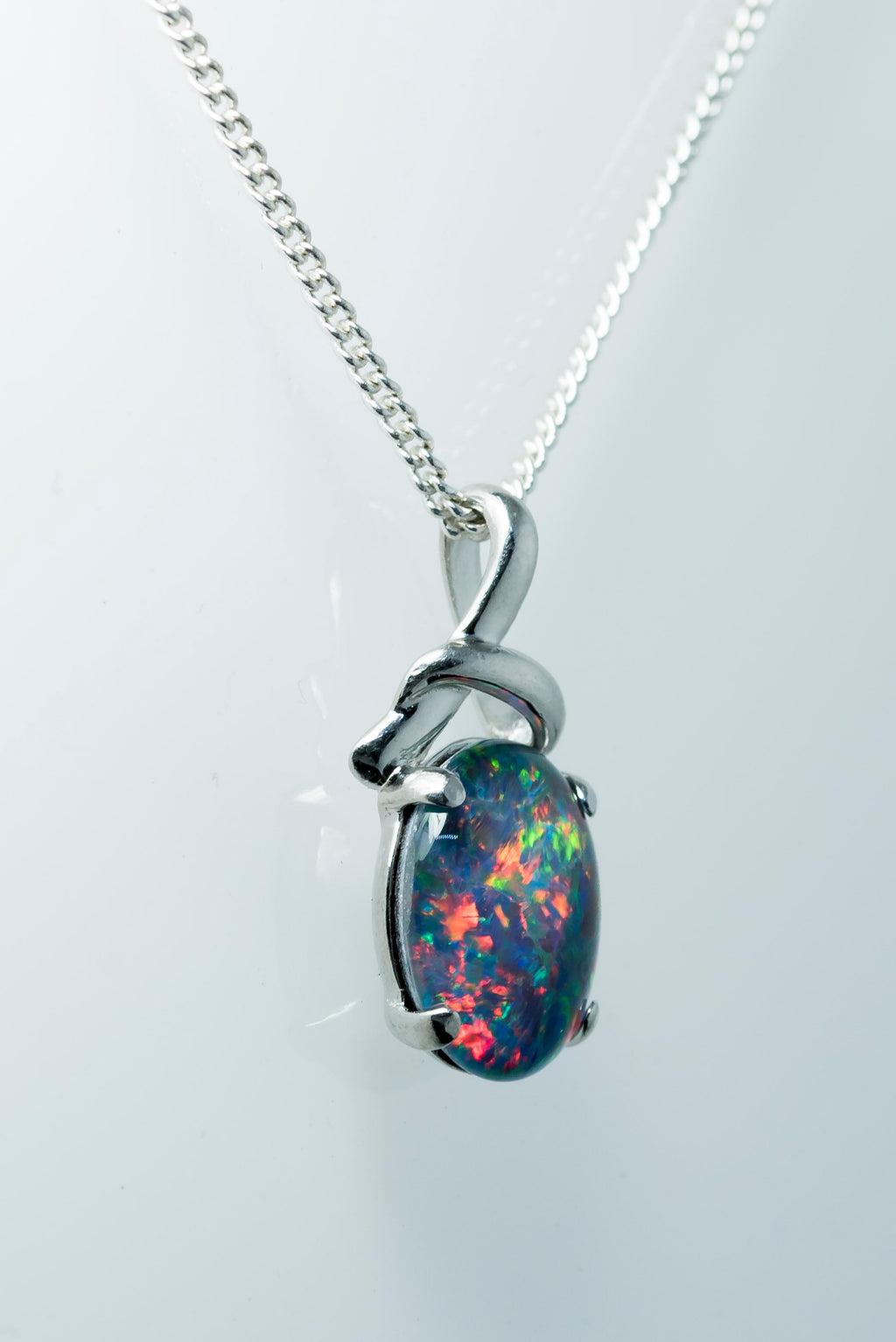 Australian Triplet Opal - Multi Color Fiery Opal Necklace - Genuine Australian Triplet Opal Necklace Pendant in Sterling Silver White Gold Plated