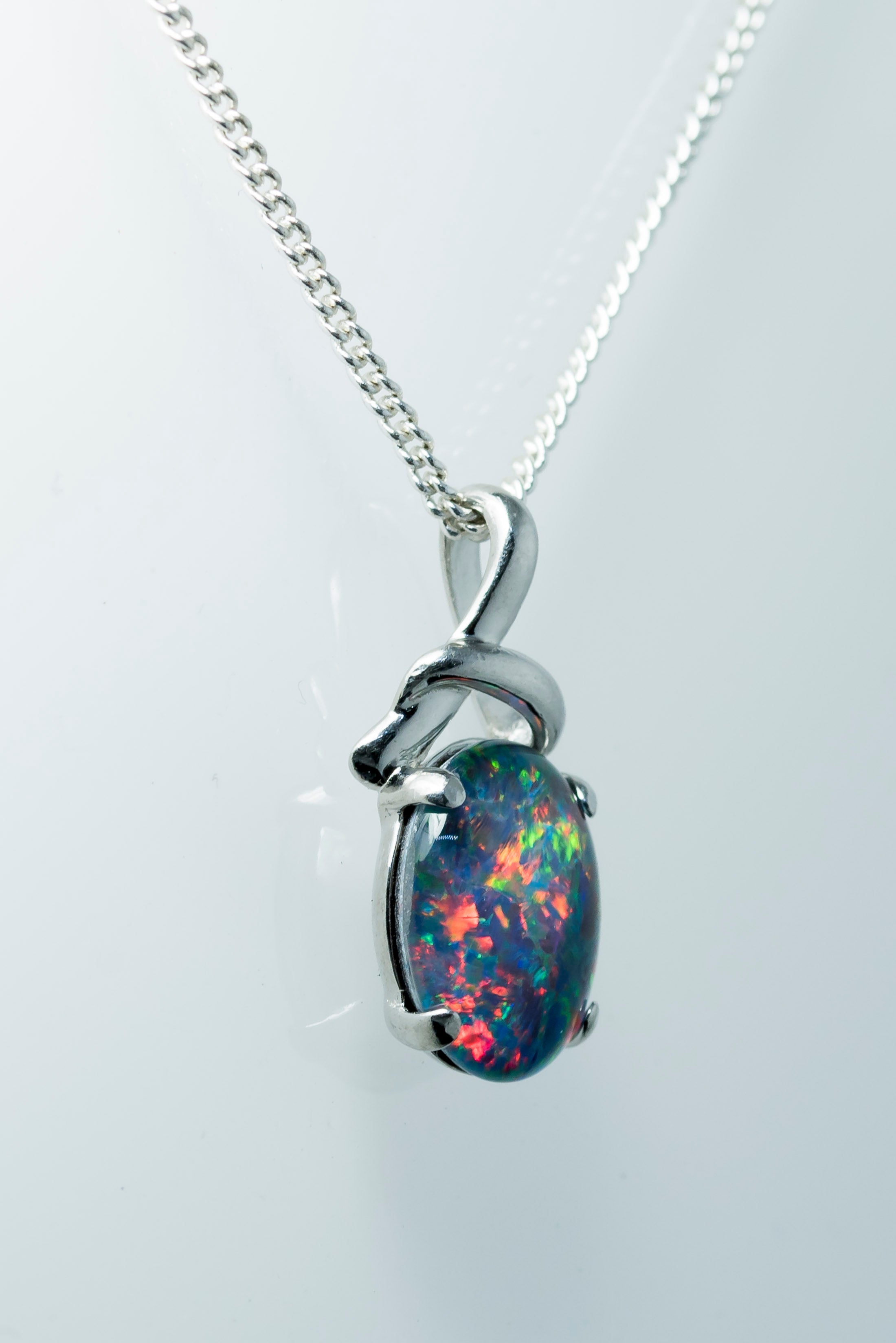 Australian Triplet Opal - Multi Color Fiery Opal Necklace - Genuine Australian Triplet Opal Necklace Pendant in Sterling Silver White Gold Plated