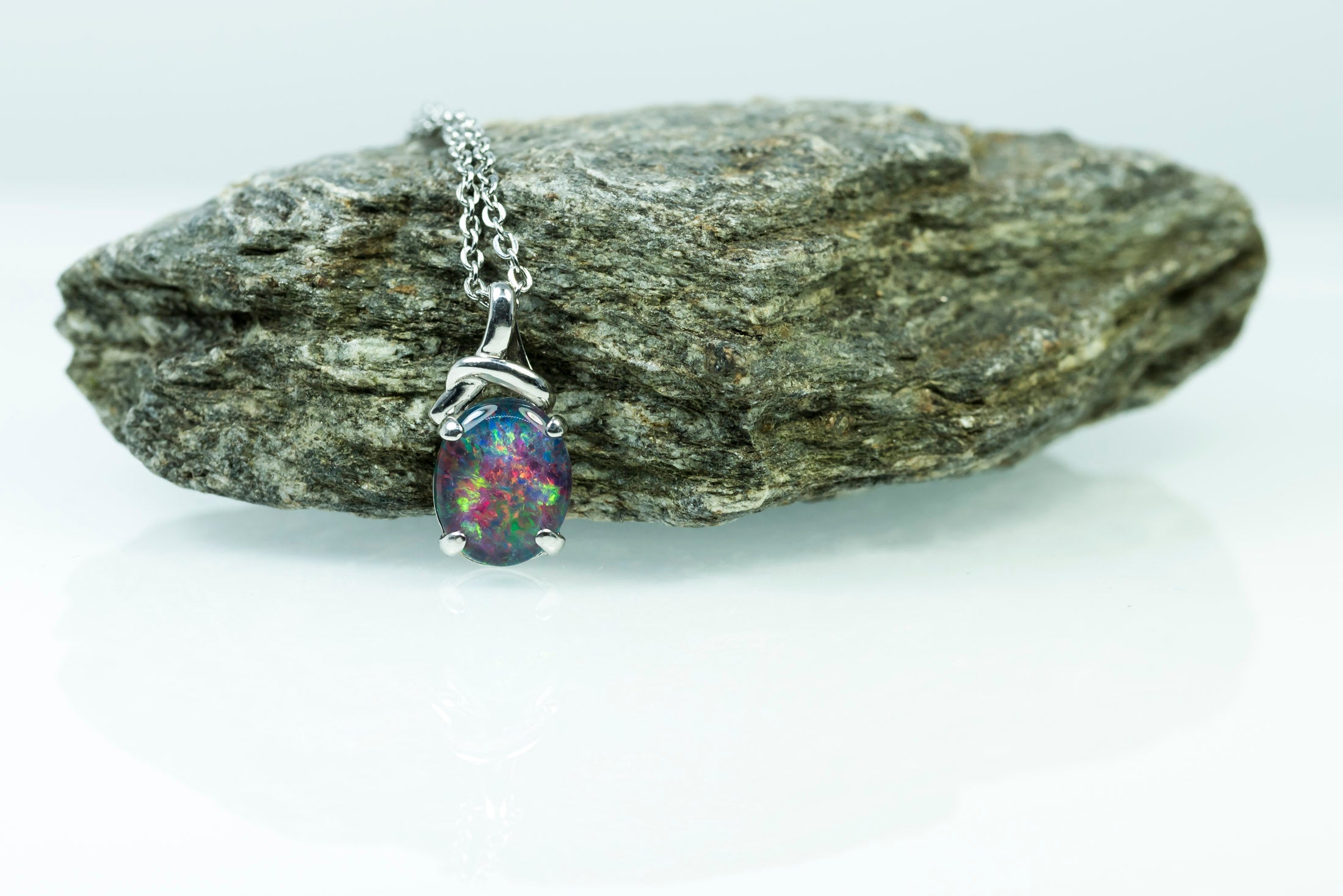 Australian Triplet Opal - Multi Color Fiery Opal Necklace - Genuine Australian Triplet Opal Necklace Pendant in Sterling Silver White Gold Plated