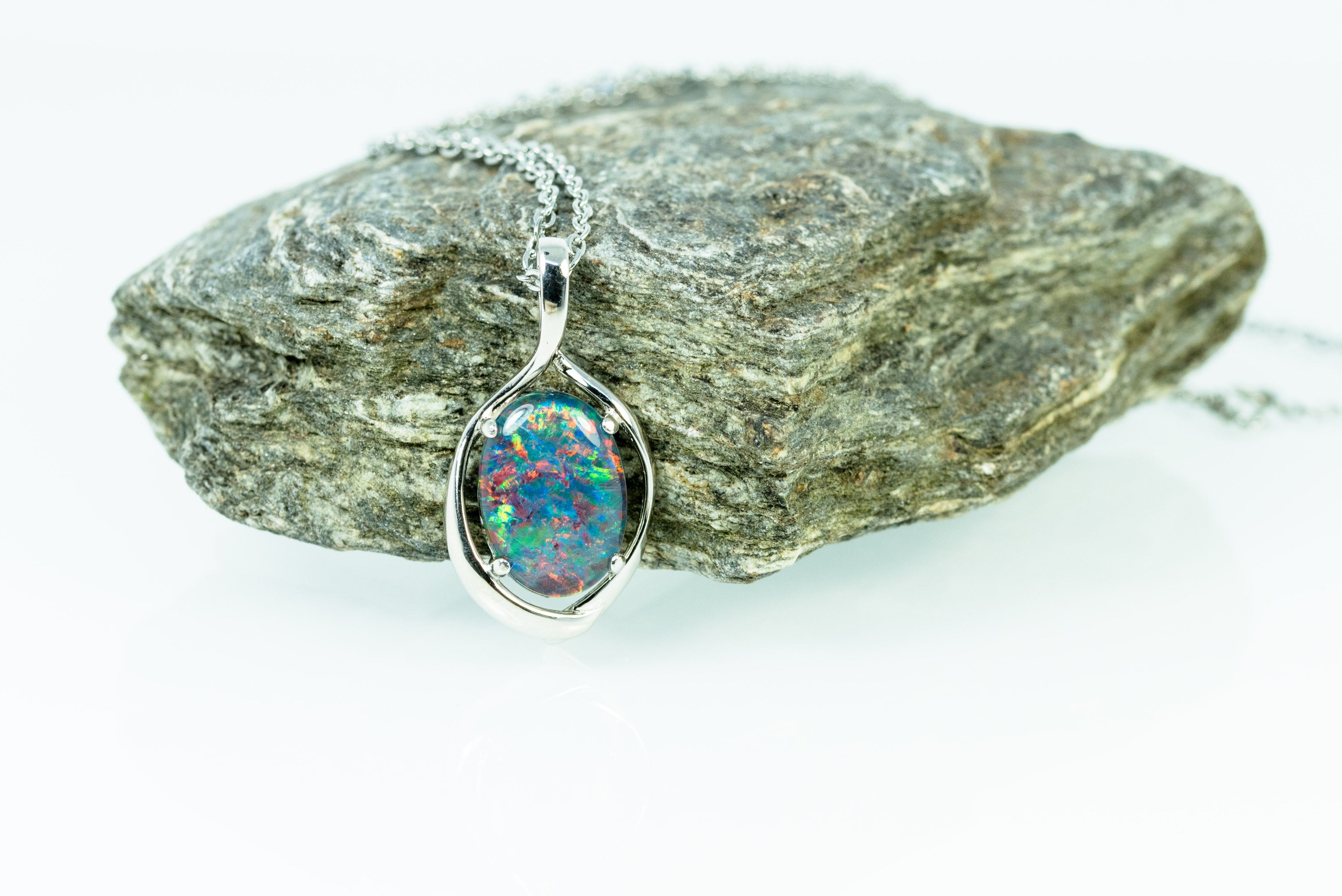 Australian Black Opal Triplet 14x10 mm - Large Genuine Australian Triplet Opal Necklace Pendant - White Gold Plated on Sterling Silver - Multi Color