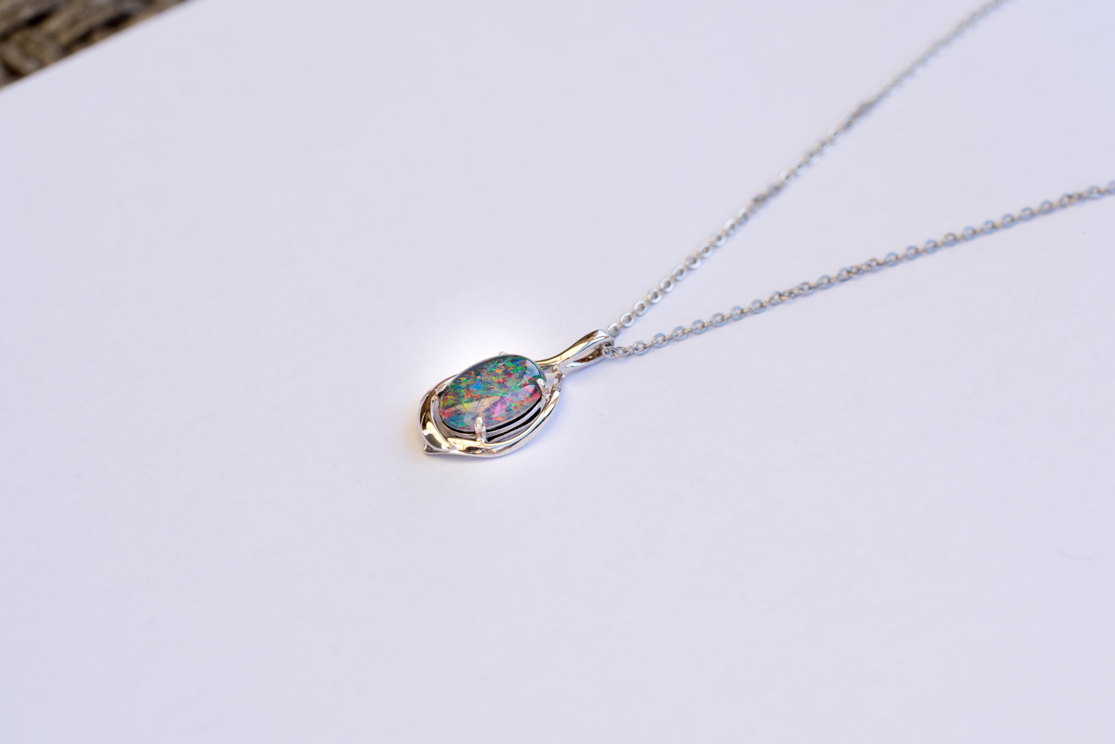 Australian Black Opal Triplet 14x10 mm - Large Genuine Australian Triplet Opal Necklace Pendant - White Gold Plated on Sterling Silver - Multi Color