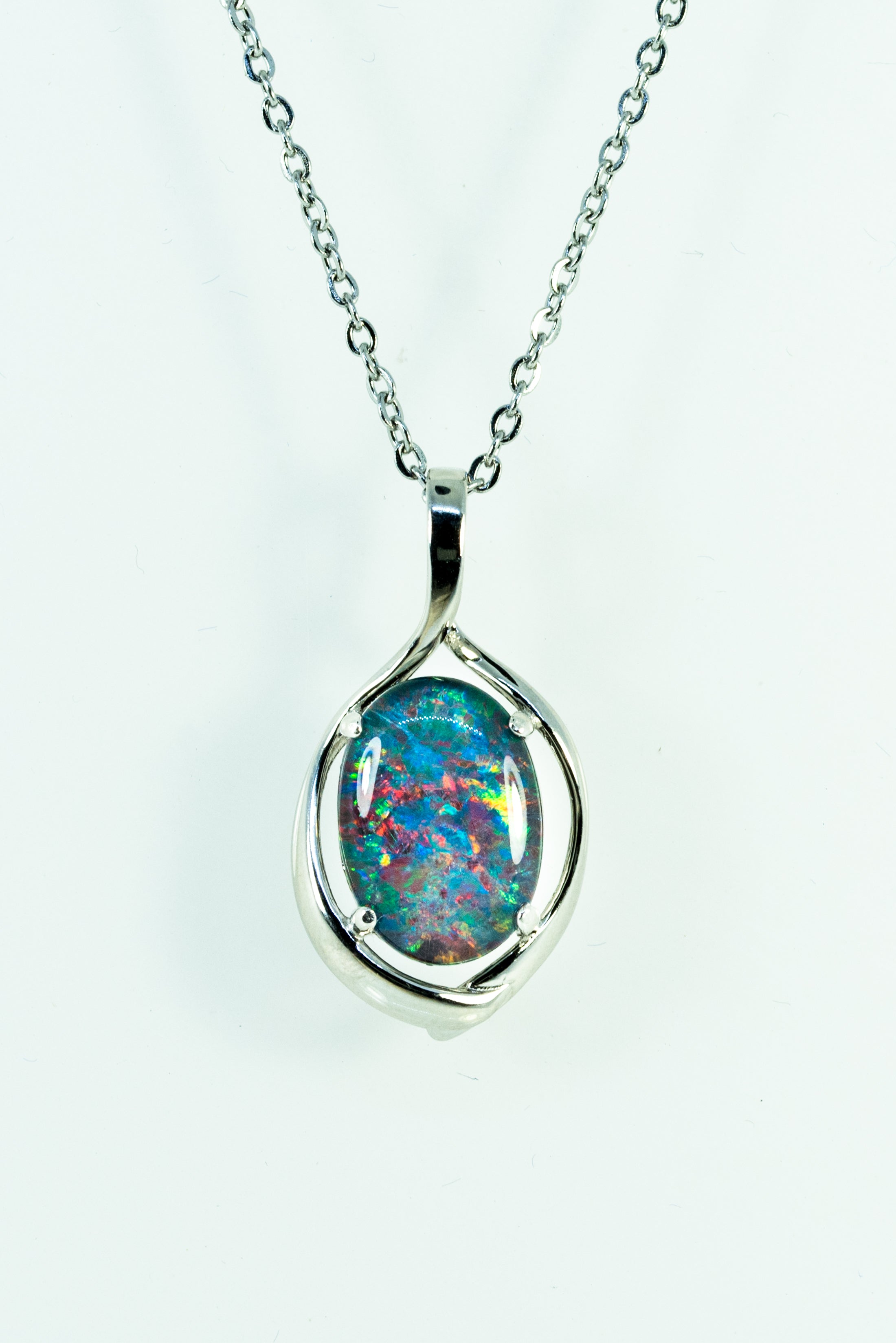 Australian Black Opal Triplet 14x10 mm - Large Genuine Australian Triplet Opal Necklace Pendant - White Gold Plated on Sterling Silver - Multi Color