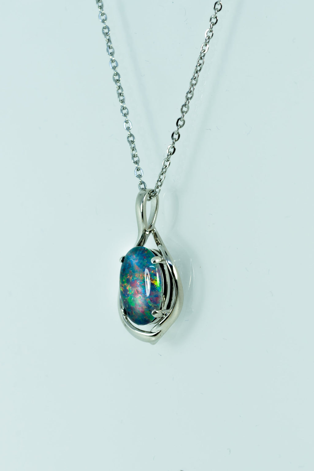 Australian Black Opal Triplet 14x10 mm - Large Genuine Australian Triplet Opal Necklace Pendant - White Gold Plated on Sterling Silver - Multi Color