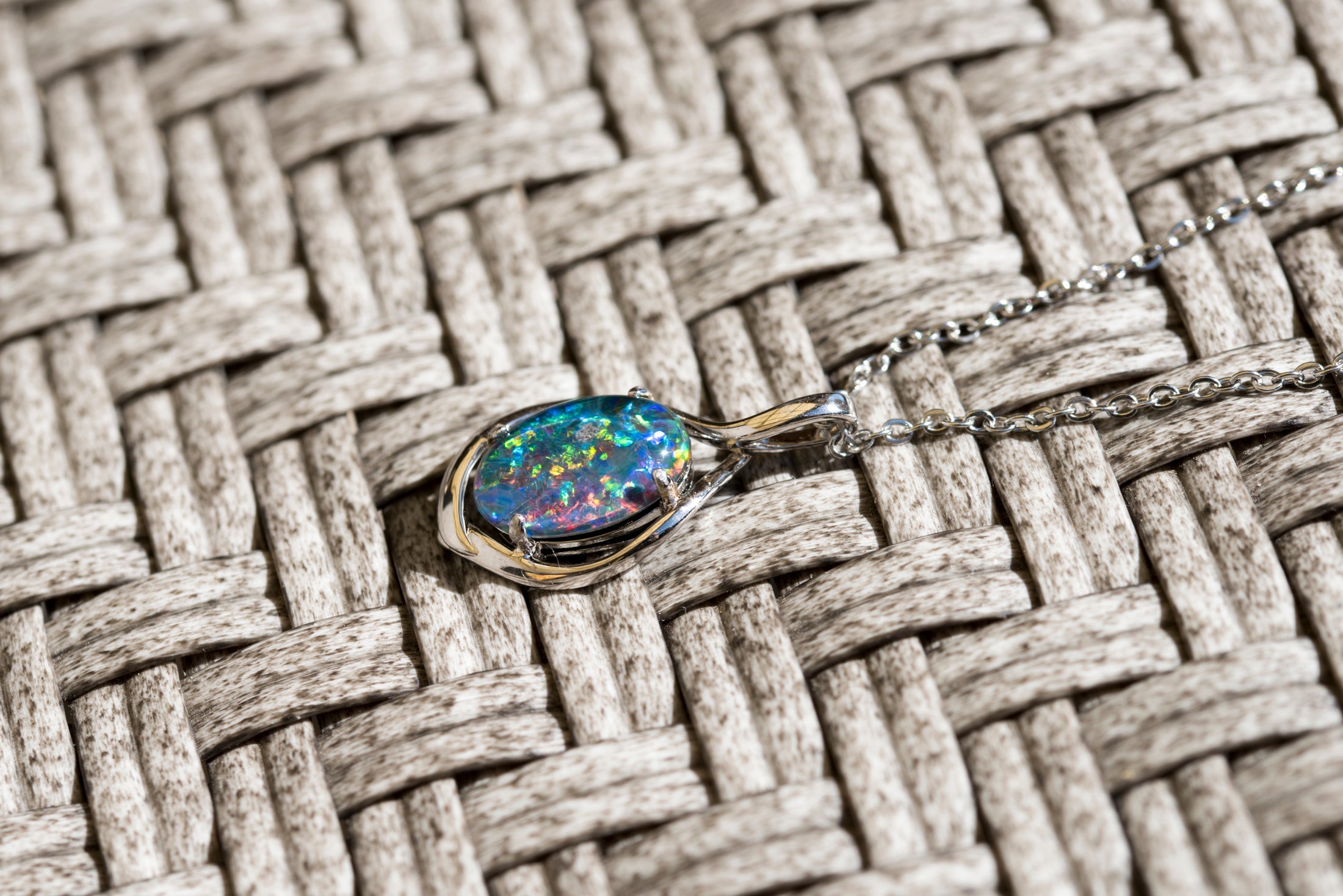 Australian Black Opal Triplet 14x10 mm - Large Genuine Australian Triplet Opal Necklace Pendant - White Gold Plated on Sterling Silver - Multi Color