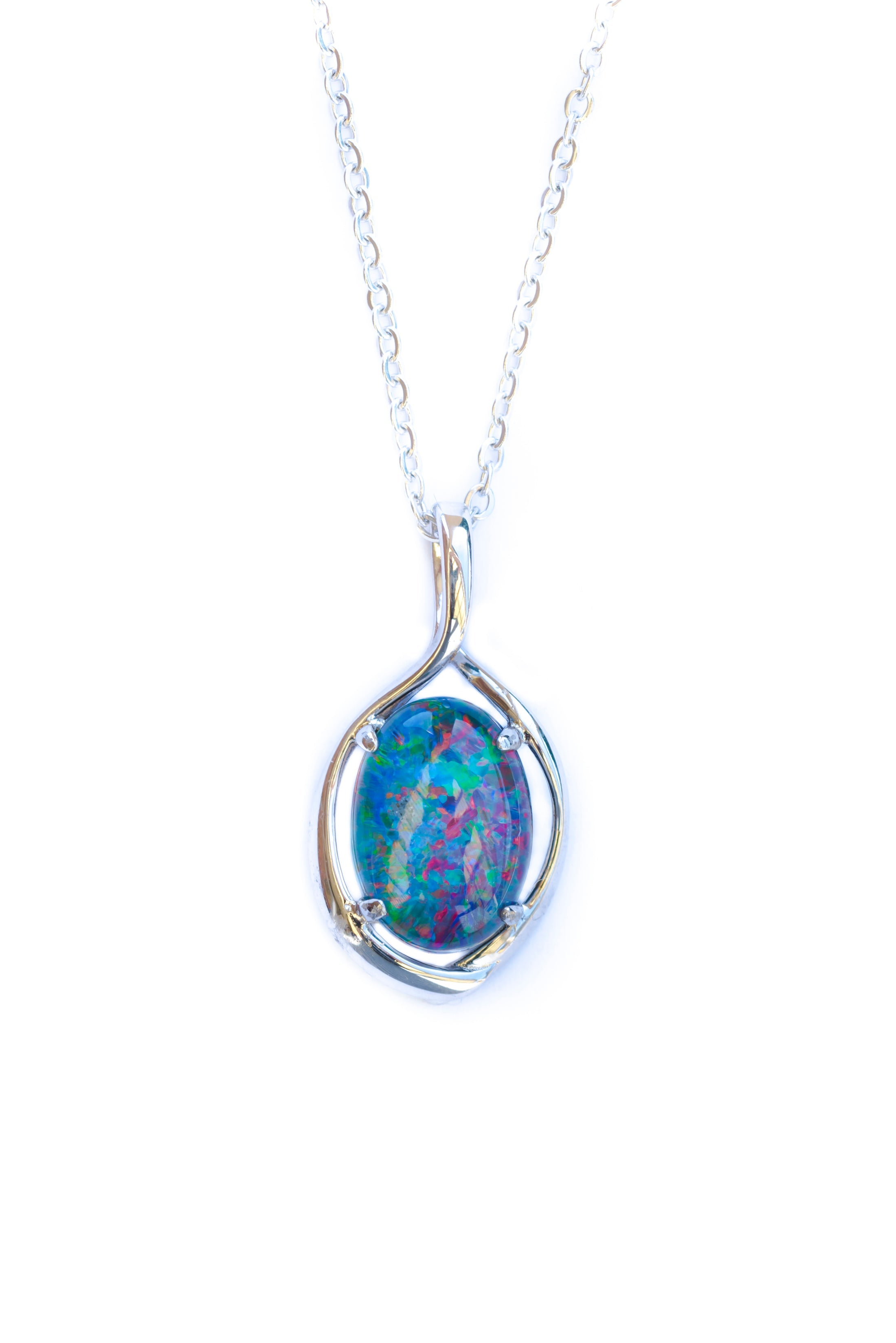 Australian Black Opal Triplet 14x10 mm - Large Genuine Australian Triplet Opal Necklace Pendant - White Gold Plated on Sterling Silver - Multi Color