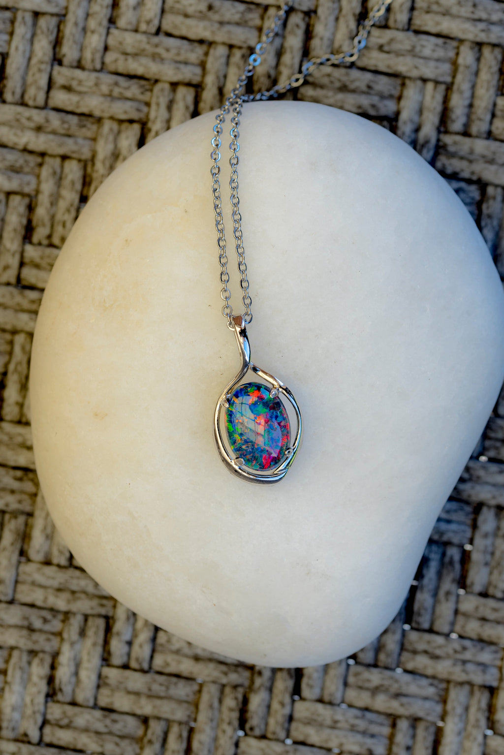 Australian Black Opal Triplet 14x10 mm - Large Genuine Australian Triplet Opal Necklace Pendant - White Gold Plated on Sterling Silver - Multi Color
