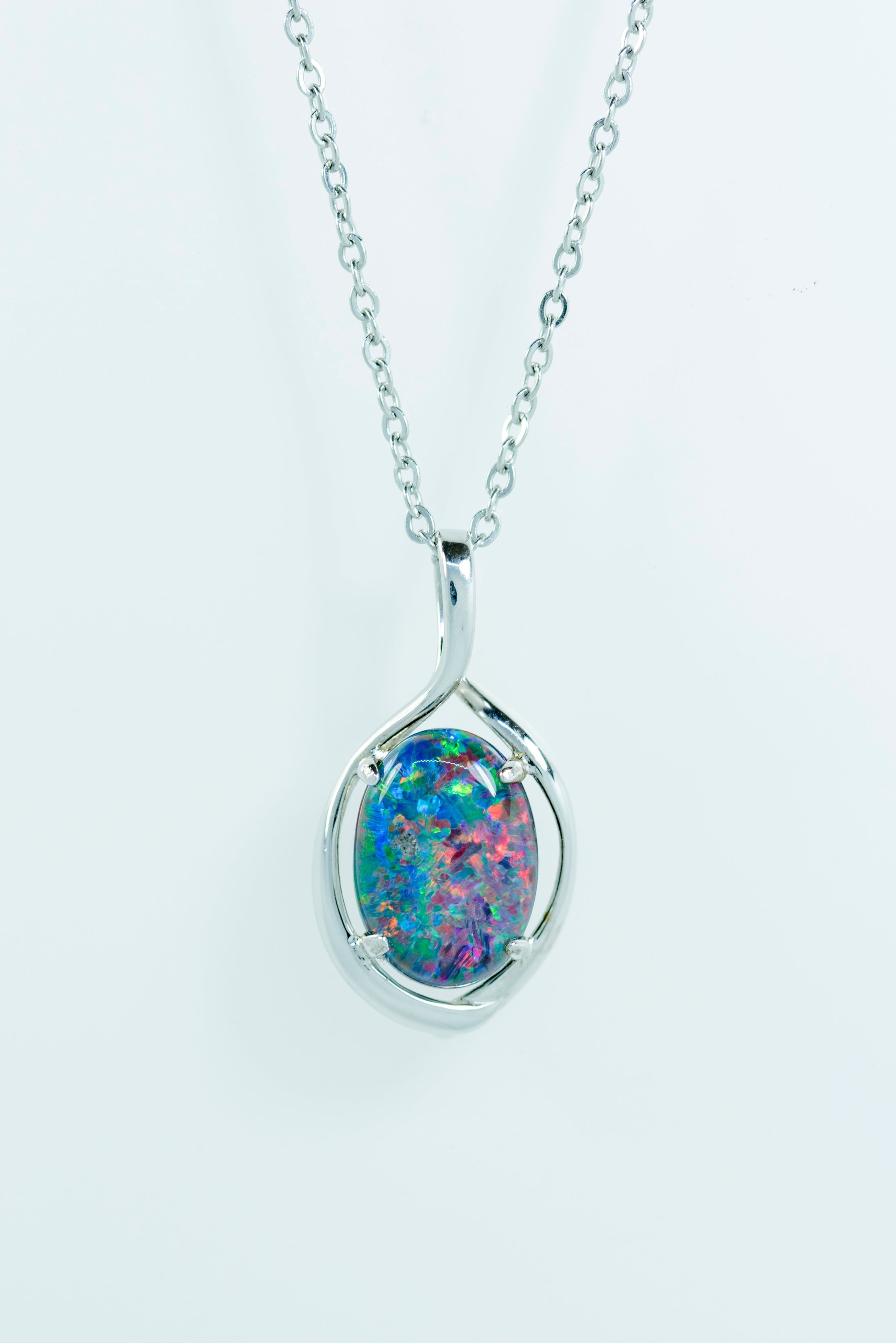 Australian Black Opal Triplet 14x10 mm - Large Genuine Australian Triplet Opal Necklace Pendant - White Gold Plated on Sterling Silver - Multi Color