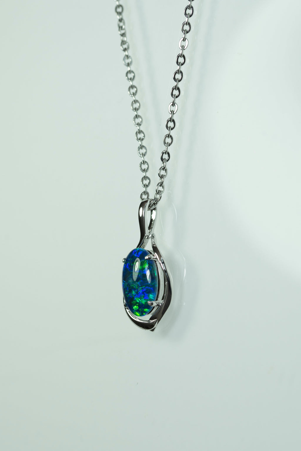 Australian Black Opal Triplet 14x10 mm - Large Genuine Australian Triplet Opal Necklace Pendant - White Gold Plated on Sterling Silver - Blue Green Color