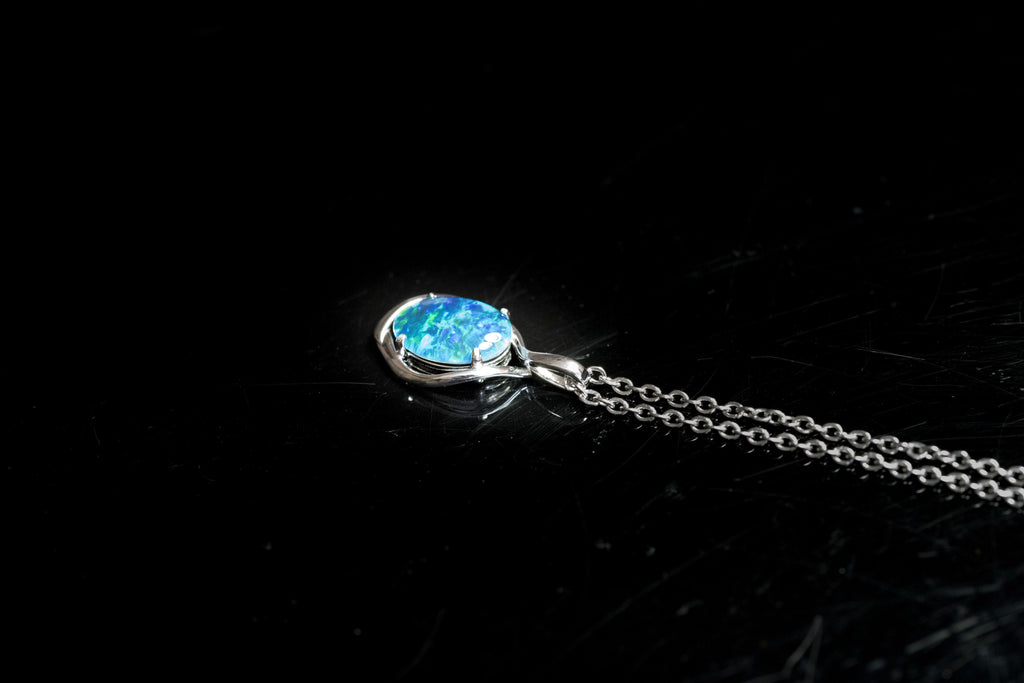 Australian Black Opal Triplet 14x10 mm - Large Genuine Australian Triplet Opal Necklace Pendant - White Gold Plated on Sterling Silver - Blue Green Color