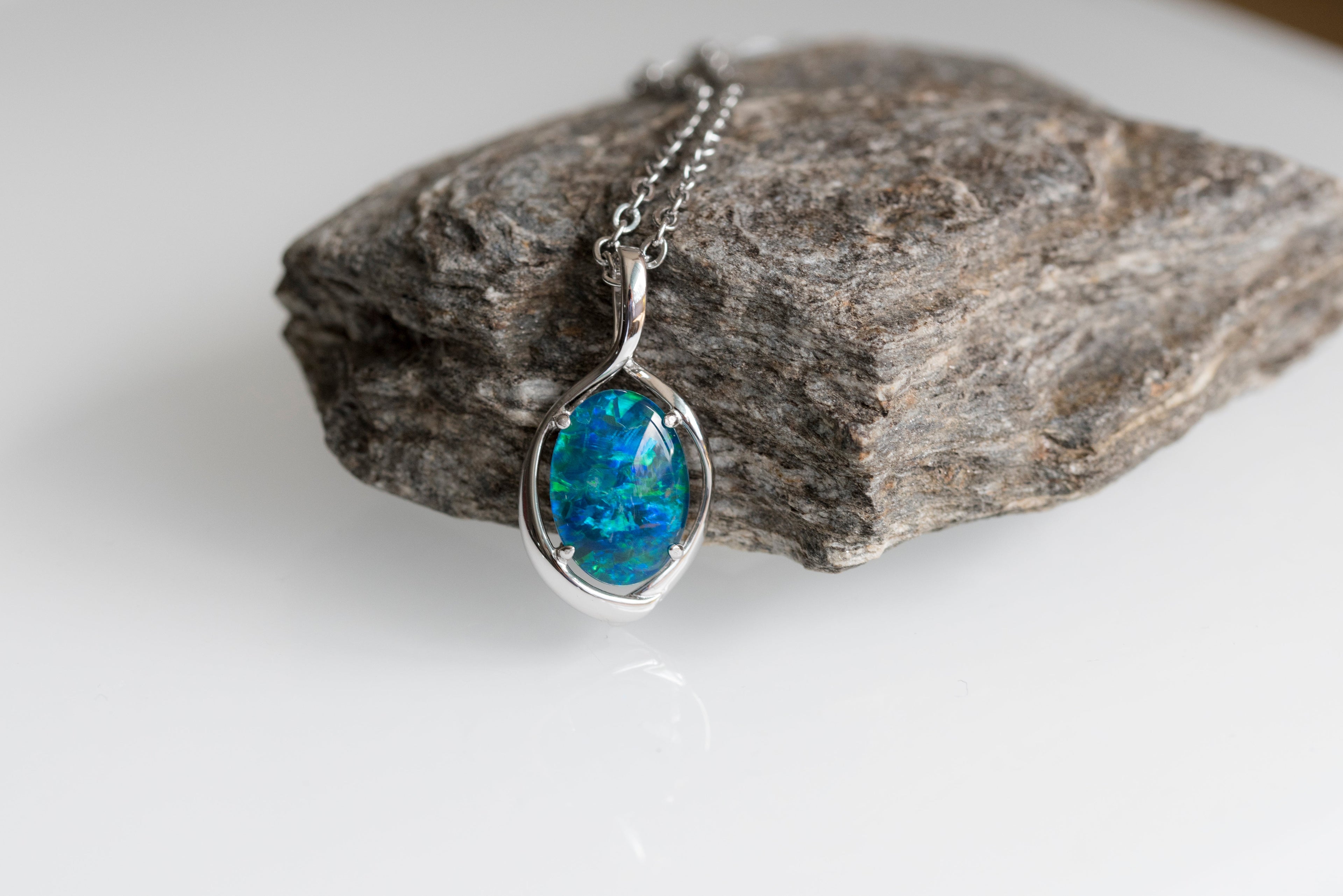 Australian Black Opal Triplet 14x10 mm - Large Genuine Australian Triplet Opal Necklace Pendant - White Gold Plated on Sterling Silver - Blue Green Color