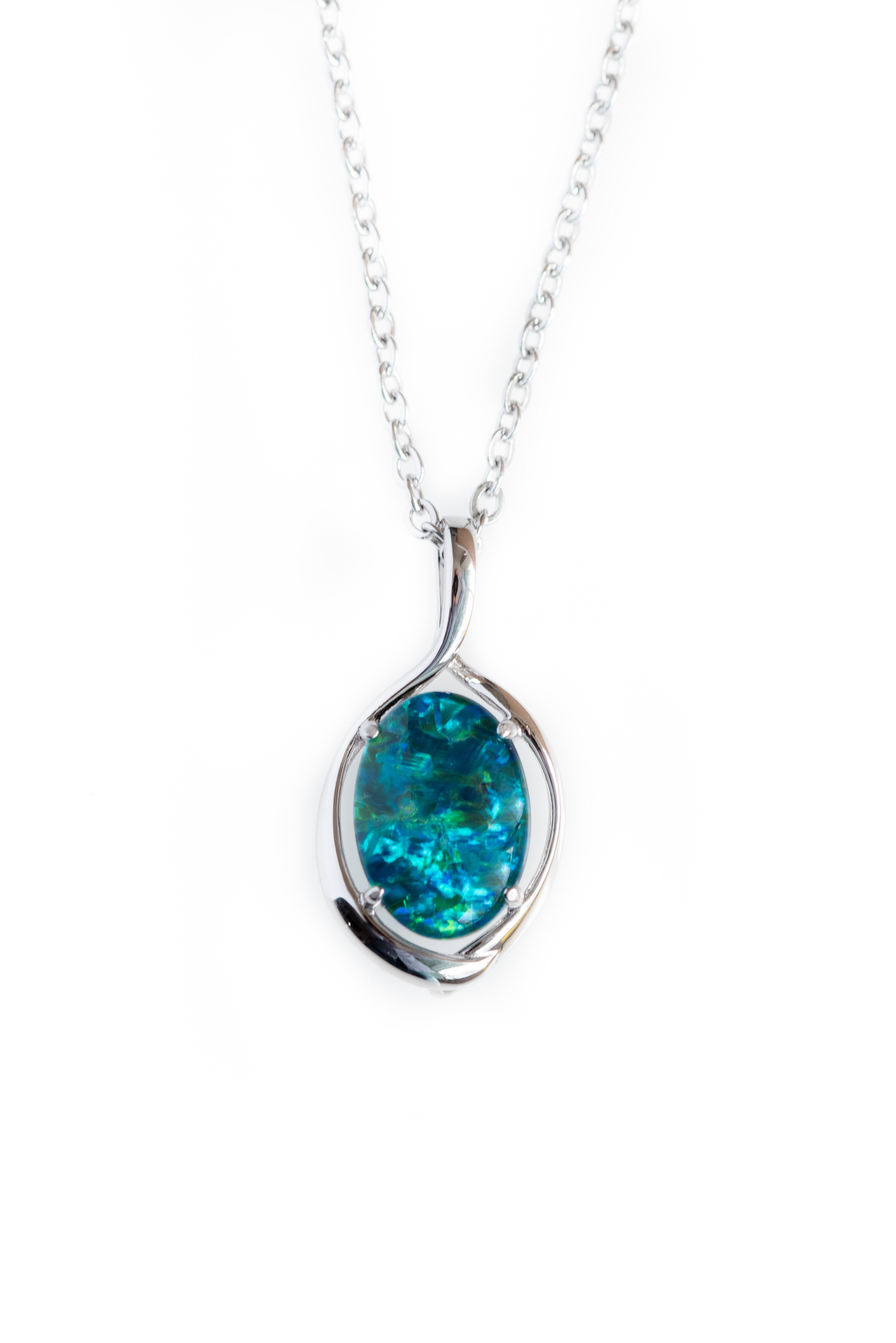Australian Black Opal Triplet 14x10 mm - Large Genuine Australian Triplet Opal Necklace Pendant - White Gold Plated on Sterling Silver - Blue Green Color