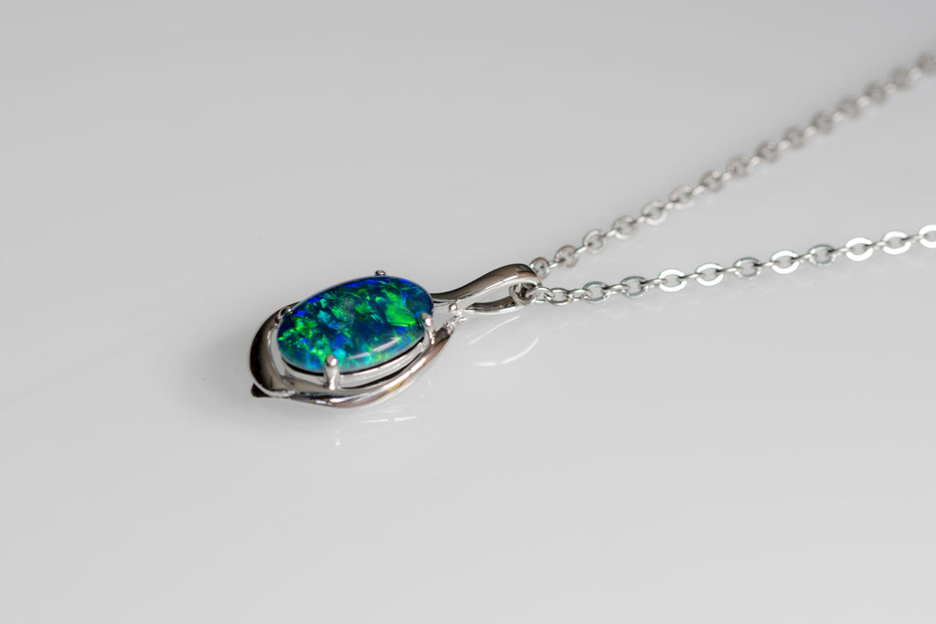 Australian Black Opal Triplet 14x10 mm - Large Genuine Australian Triplet Opal Necklace Pendant - White Gold Plated on Sterling Silver - Blue Green Color