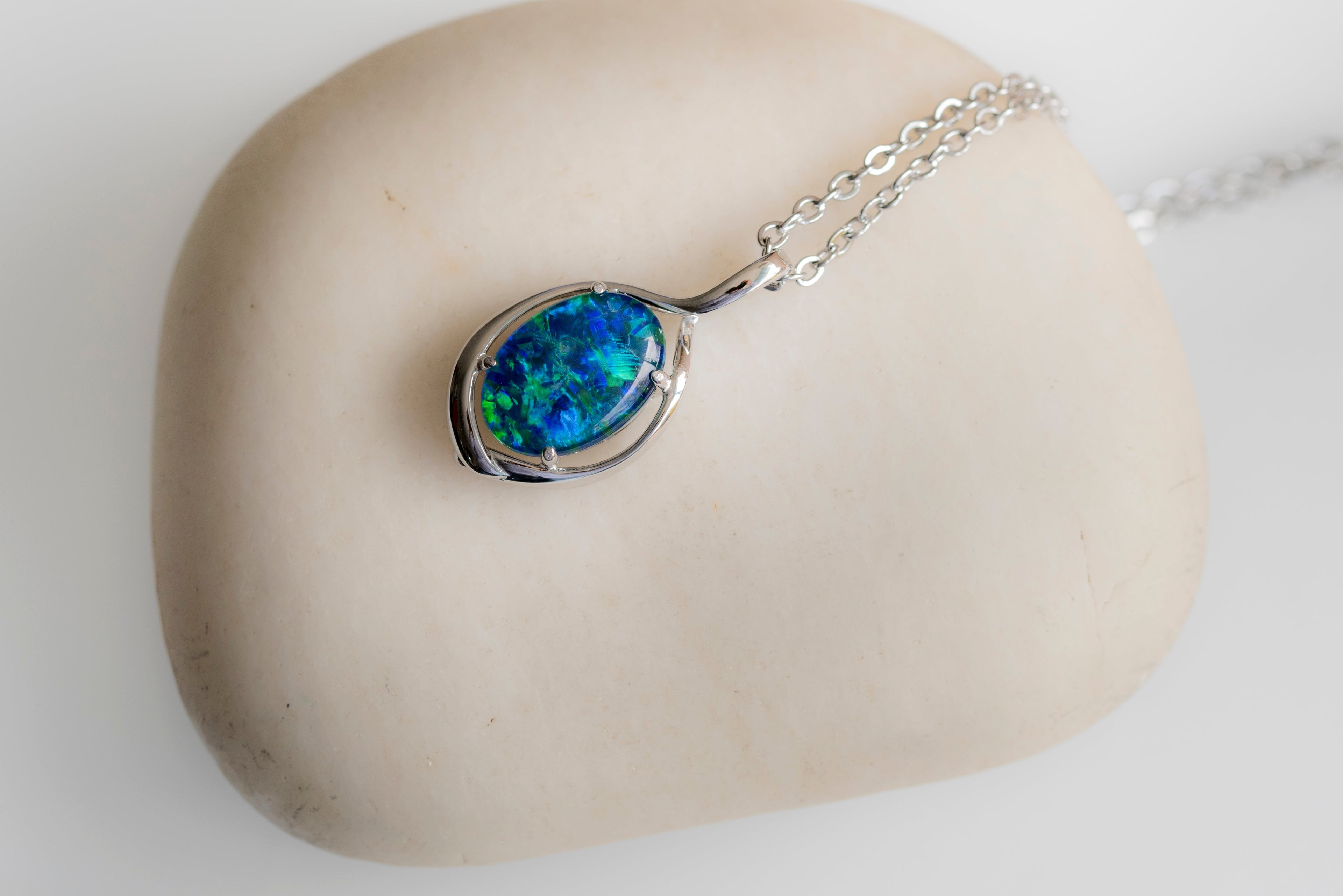 Australian Black Opal Triplet 14x10 mm - Large Genuine Australian Triplet Opal Necklace Pendant - White Gold Plated on Sterling Silver - Blue Green Color