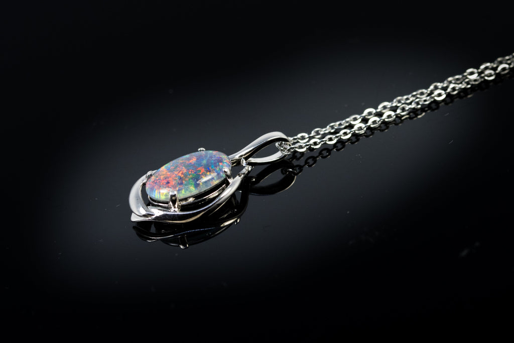 Australian Black Opal Triplet 14x10 mm - Large Genuine Australian Triplet Opal Necklace Pendant - White Gold Plated on Sterling Silver - Multi Color