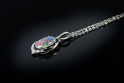 Australian Black Opal Triplet 14x10 mm - Large Genuine Australian Triplet Opal Necklace Pendant - White Gold Plated on Sterling Silver - Multi Color