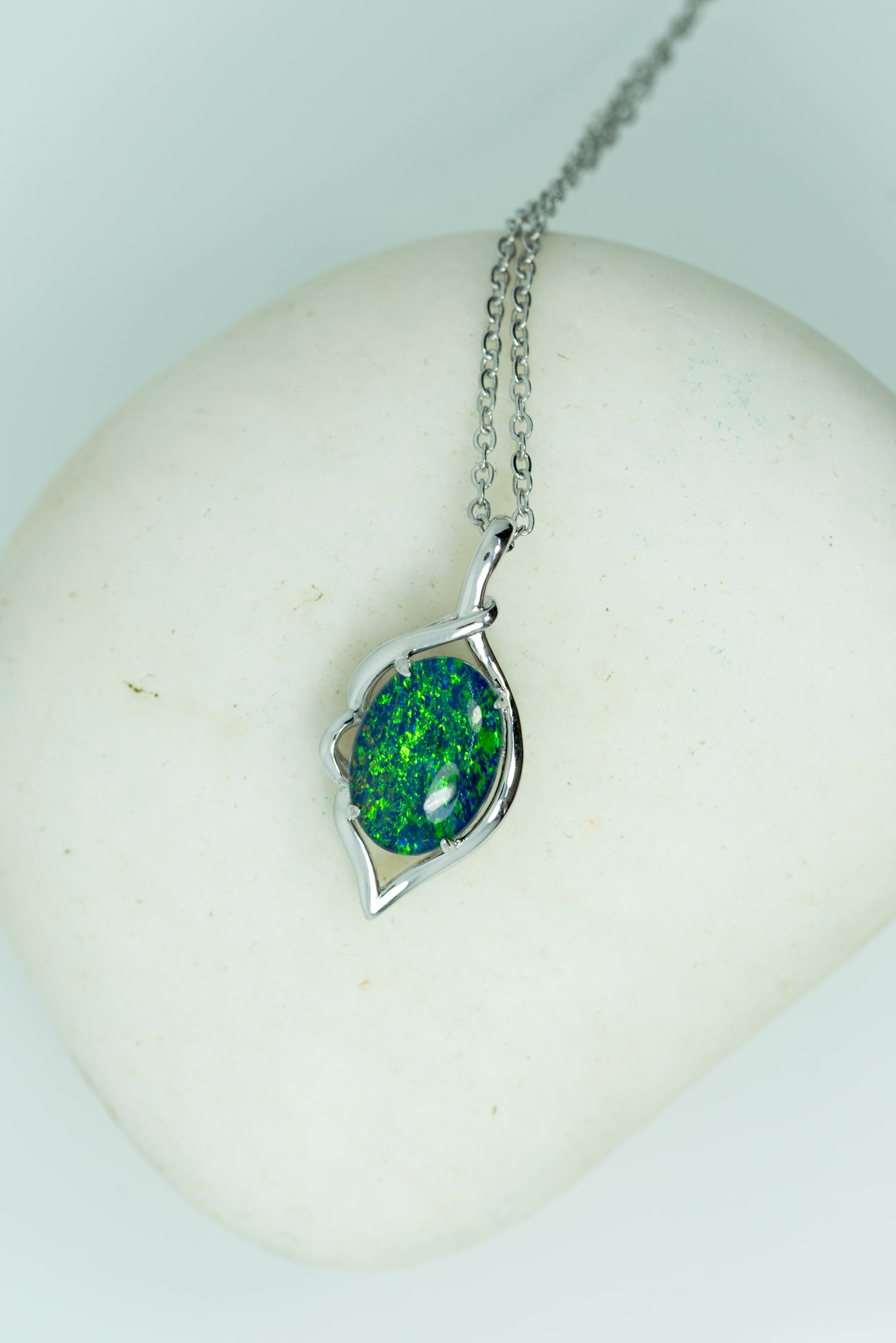 Australia Opal - Fire Opal Necklace - Simple Design - Green Blue Genuine Australian Triplet Opal Pendant Sterling Silver White Gold Plated