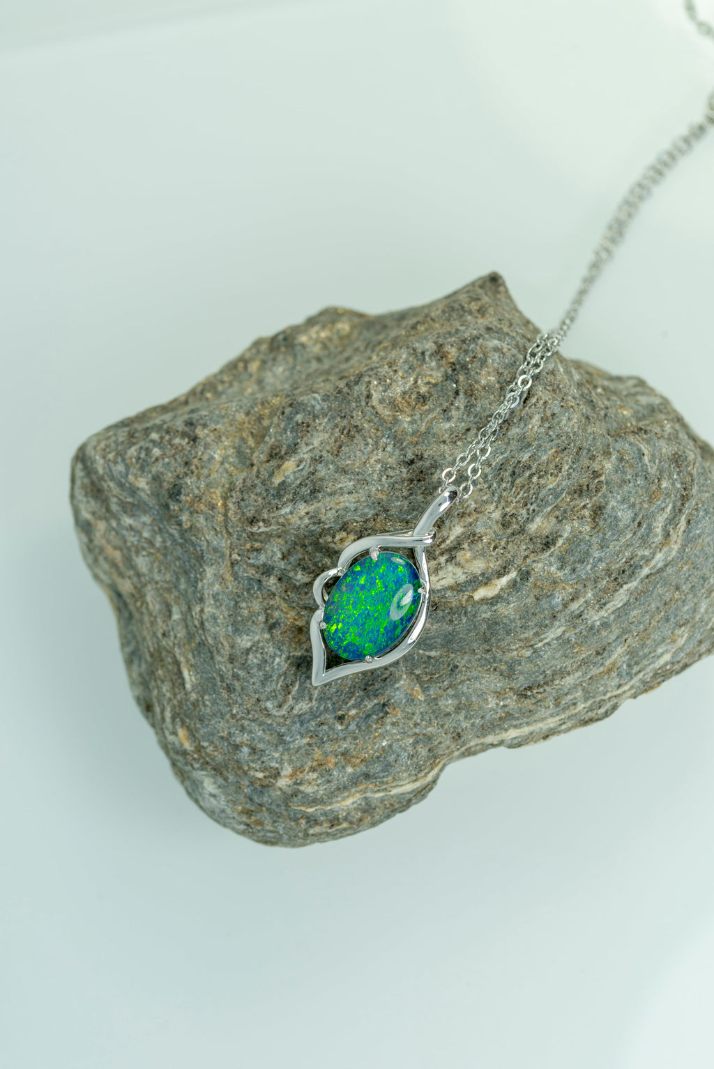 Australia Opal - Fire Opal Necklace - Simple Design - Green Blue Genuine Australian Triplet Opal Pendant Sterling Silver White Gold Plated