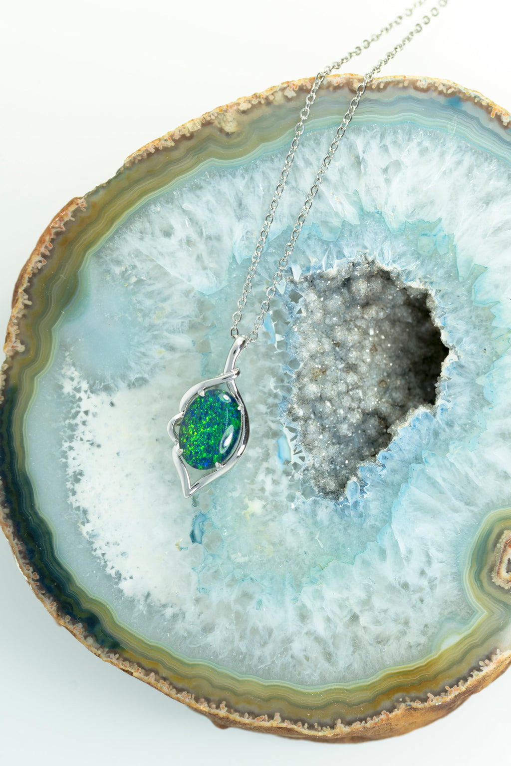 Australia Opal - Fire Opal Necklace - Simple Design - Green Blue Genuine Australian Triplet Opal Pendant Sterling Silver White Gold Plated