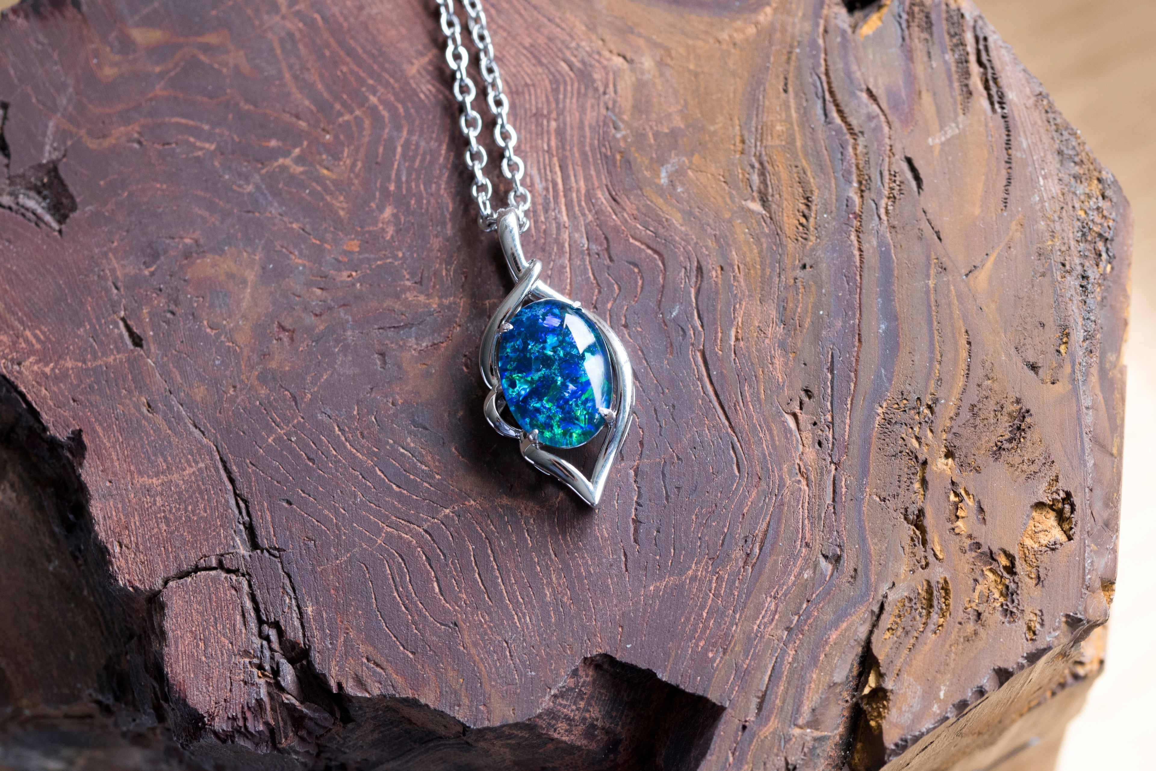 Australian Black Opal Triplet - Genuine 14X10mm Australian Triplet Opal Stone Necklace Pendant - Multi Color - White Gold Plated on Sterling Silver Women's Jewelry