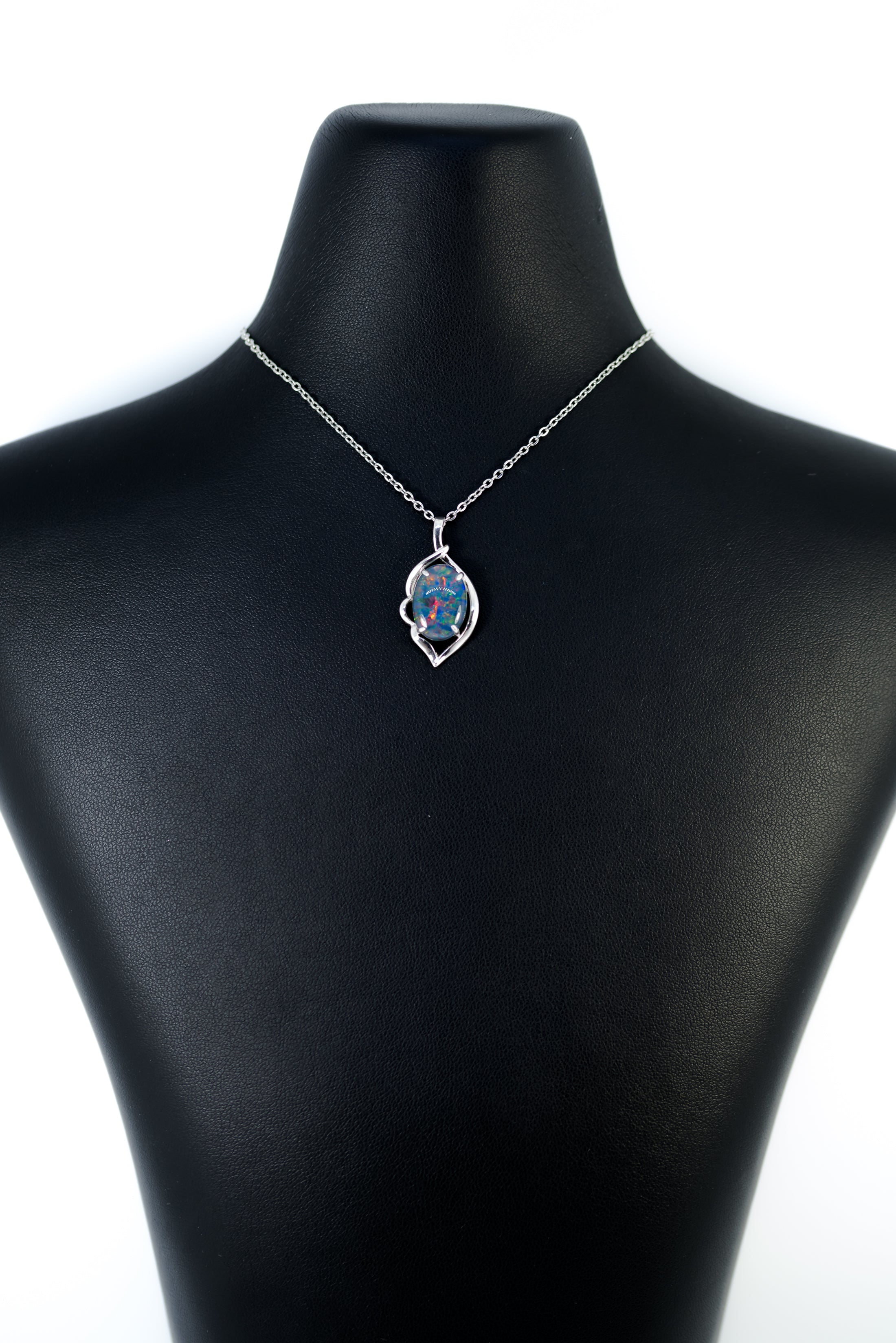 Australian Black Opal Triplet - Genuine 14X10mm Australian Triplet Opal Stone Necklace Pendant - Multi Color - White Gold Plated on Sterling Silver Women's Jewelry