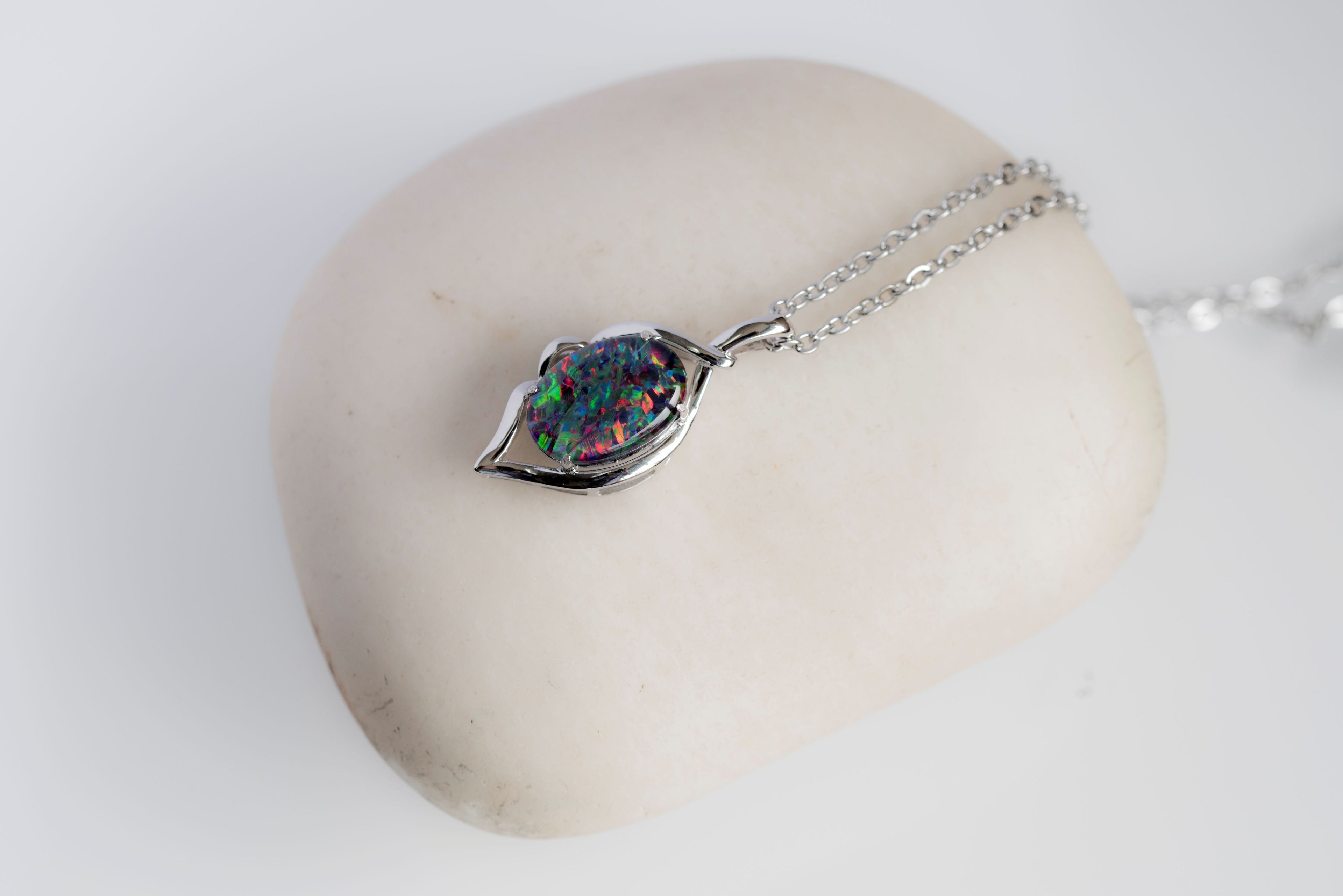 Australian Black Opal Triplet - Genuine 14X10mm Australian Triplet Opal Stone Necklace Pendant - Multi Color - White Gold Plated on Sterling Silver Women's Jewelry