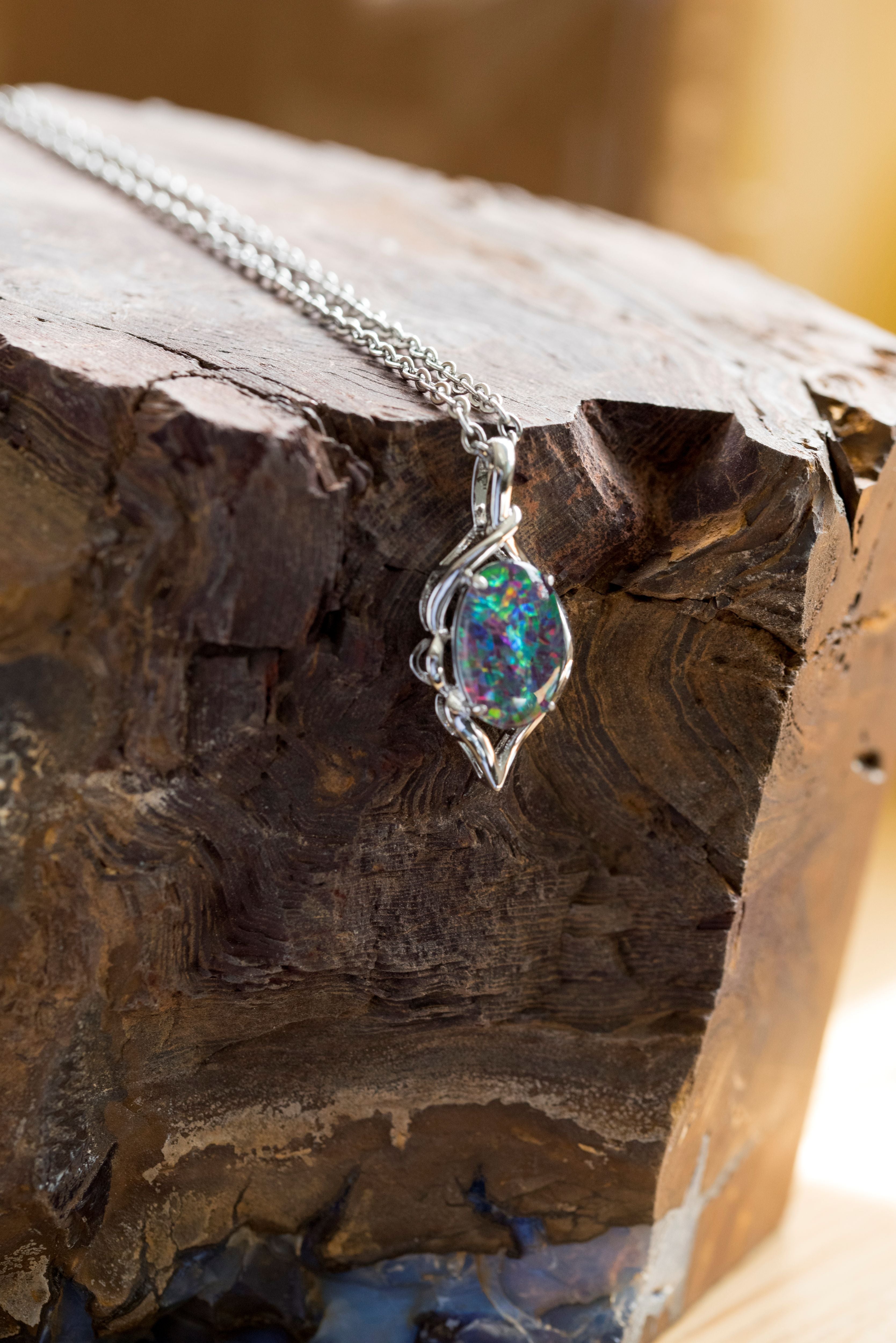 Australian Black Opal Triplet - Genuine 14X10mm Australian Triplet Opal Stone Necklace Pendant - Multi Color - White Gold Plated on Sterling Silver Women's Jewelry
