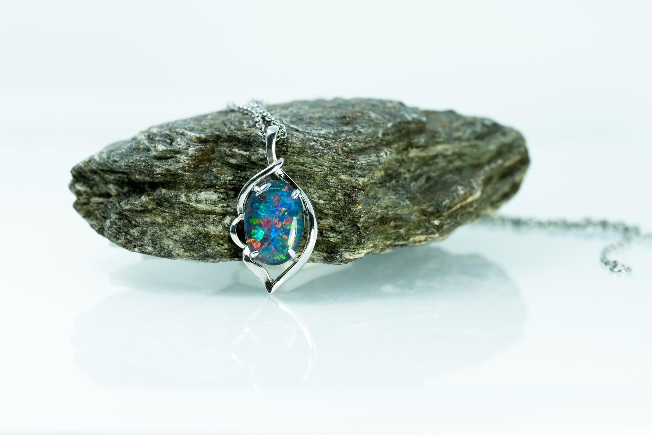 Australian Black Opal Triplet - Genuine 14X10mm Australian Triplet Opal Stone Necklace Pendant - Multi Color - White Gold Plated on Sterling Silver Women's Jewelry