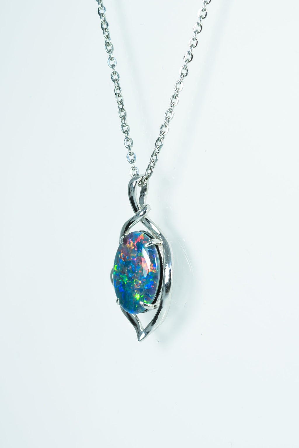 Australian Black Opal Triplet - Genuine 14X10mm Australian Triplet Opal Stone Necklace Pendant - Multi Color - White Gold Plated on Sterling Silver Women's Jewelry