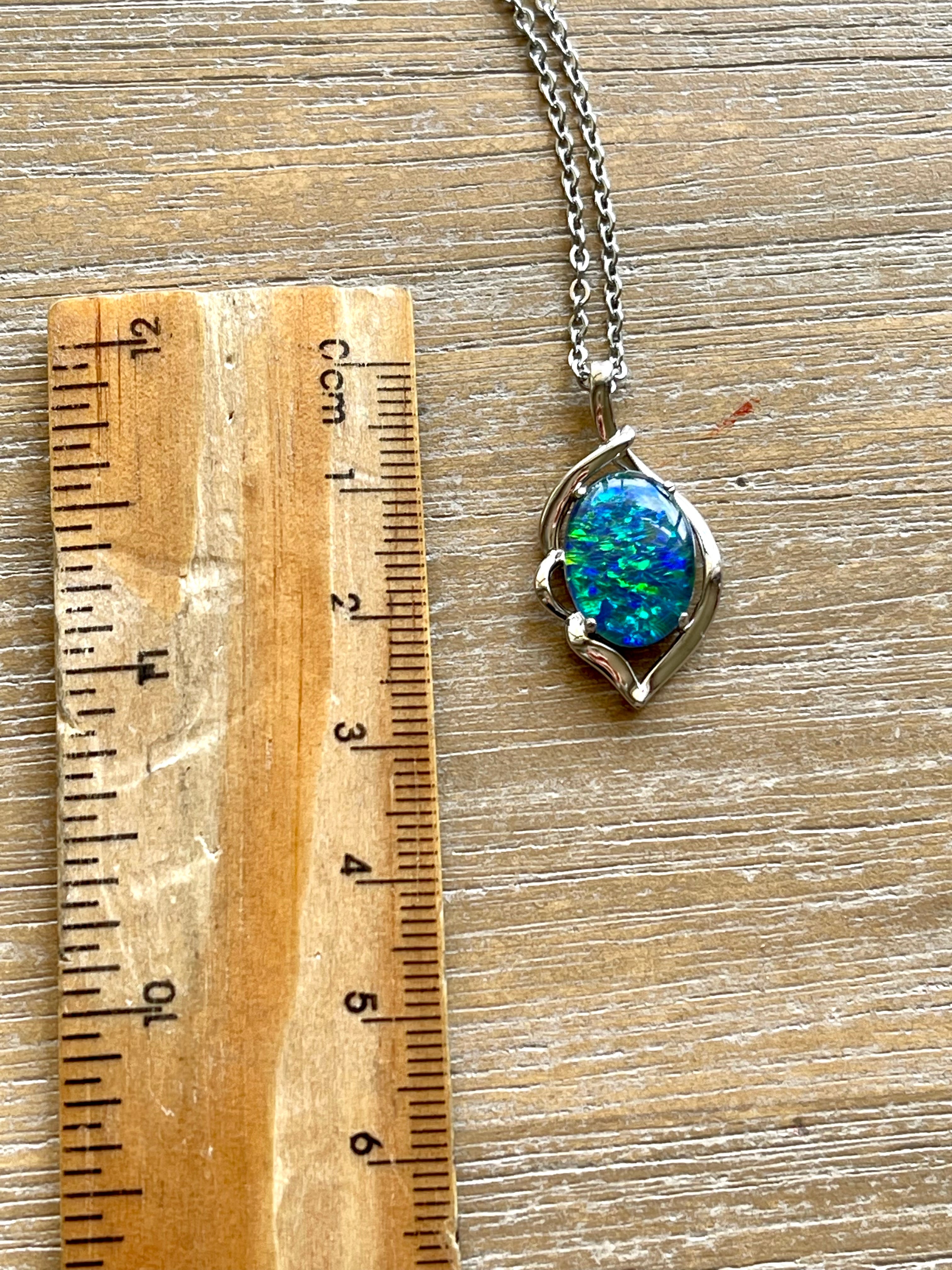 Australia Opal - Fire Opal Necklace - Simple Design - Green Blue Genuine Australian Triplet Opal Pendant Sterling Silver White Gold Plated