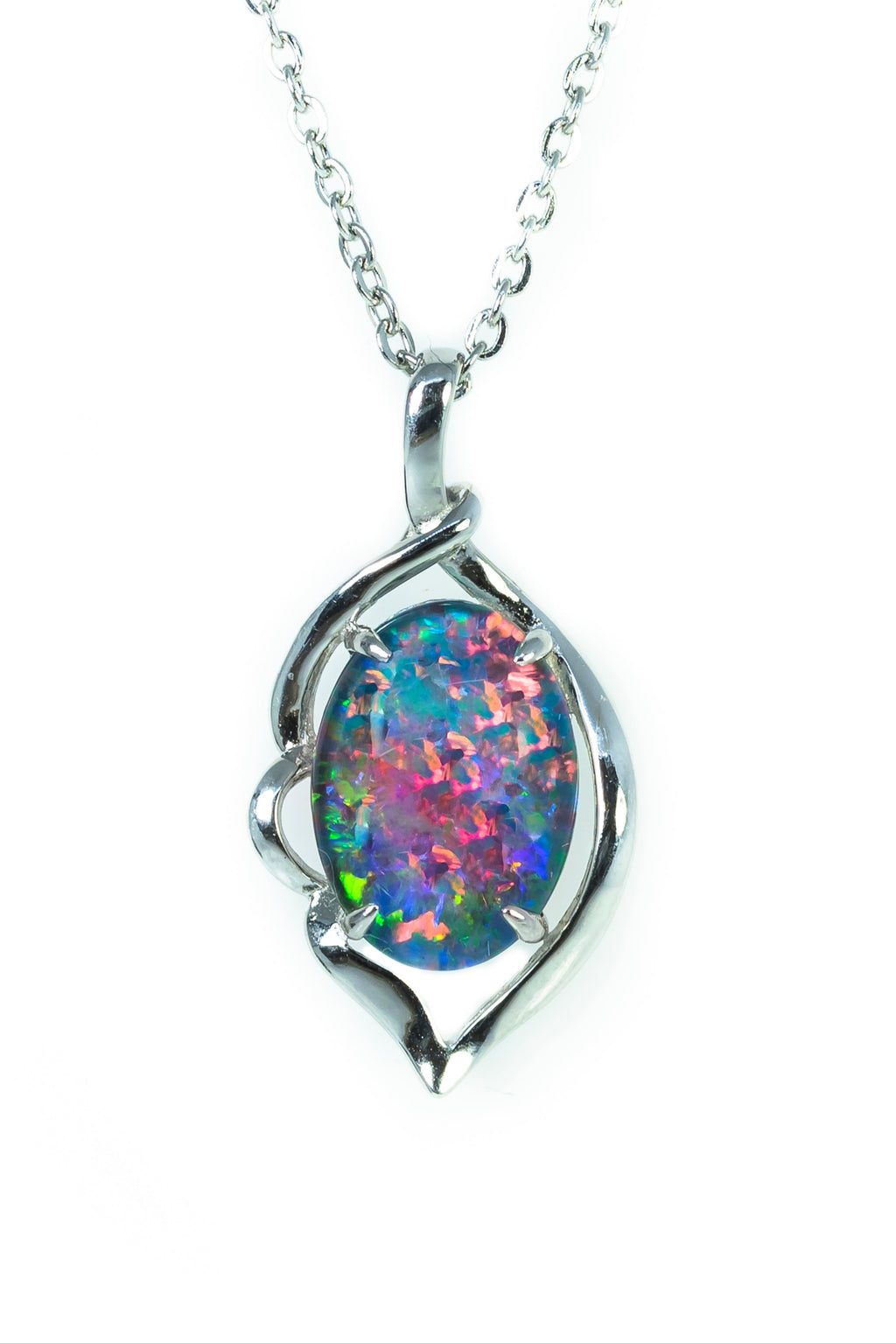 Australian Black Opal Triplet - Genuine 14X10mm Australian Triplet Opal Stone Necklace Pendant - Multi Color - White Gold Plated on Sterling Silver Women's Jewelry