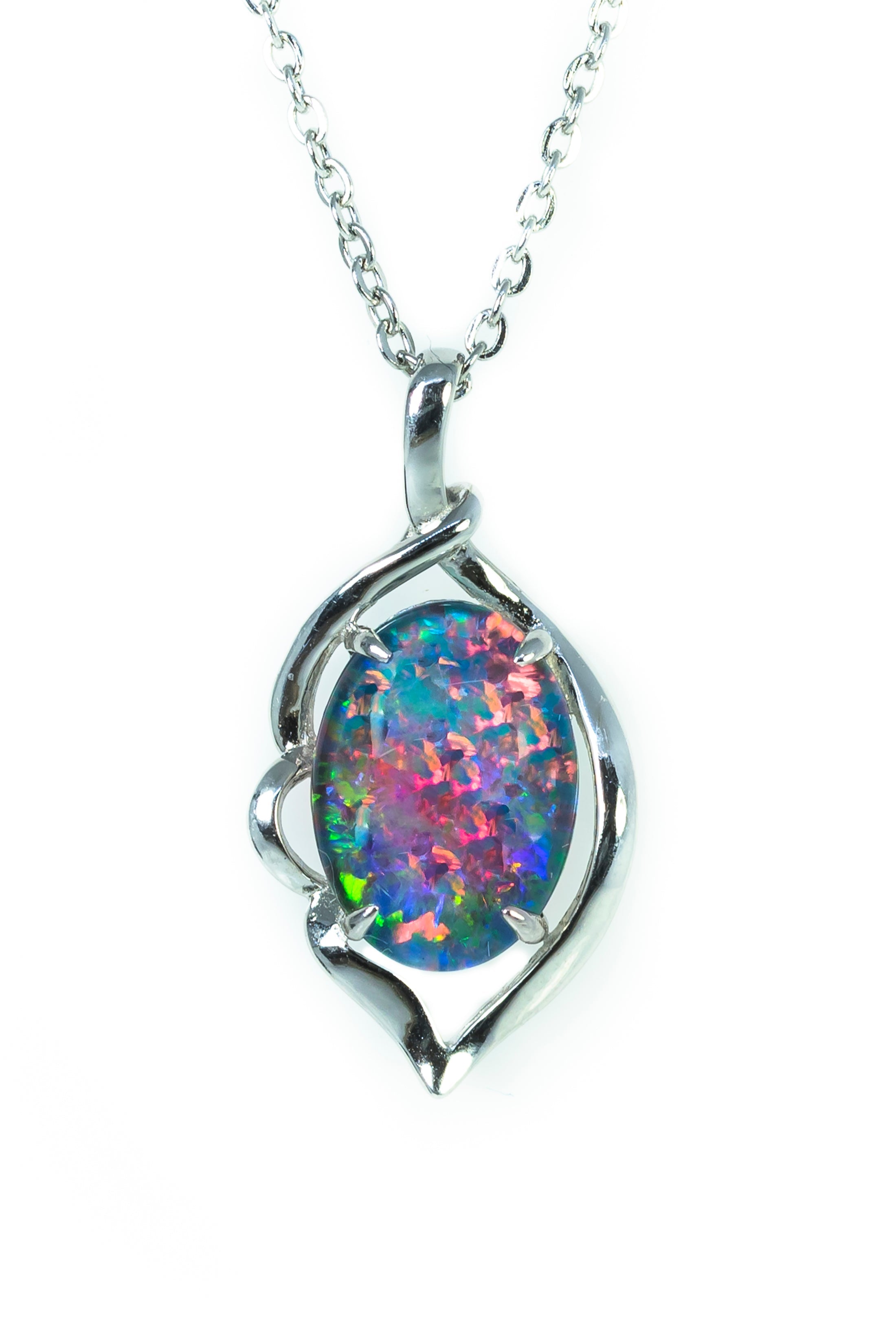 Australian Black Opal Triplet - Genuine 14X10mm Australian Triplet Opal Stone Necklace Pendant - Multi Color - White Gold Plated on Sterling Silver Women's Jewelry