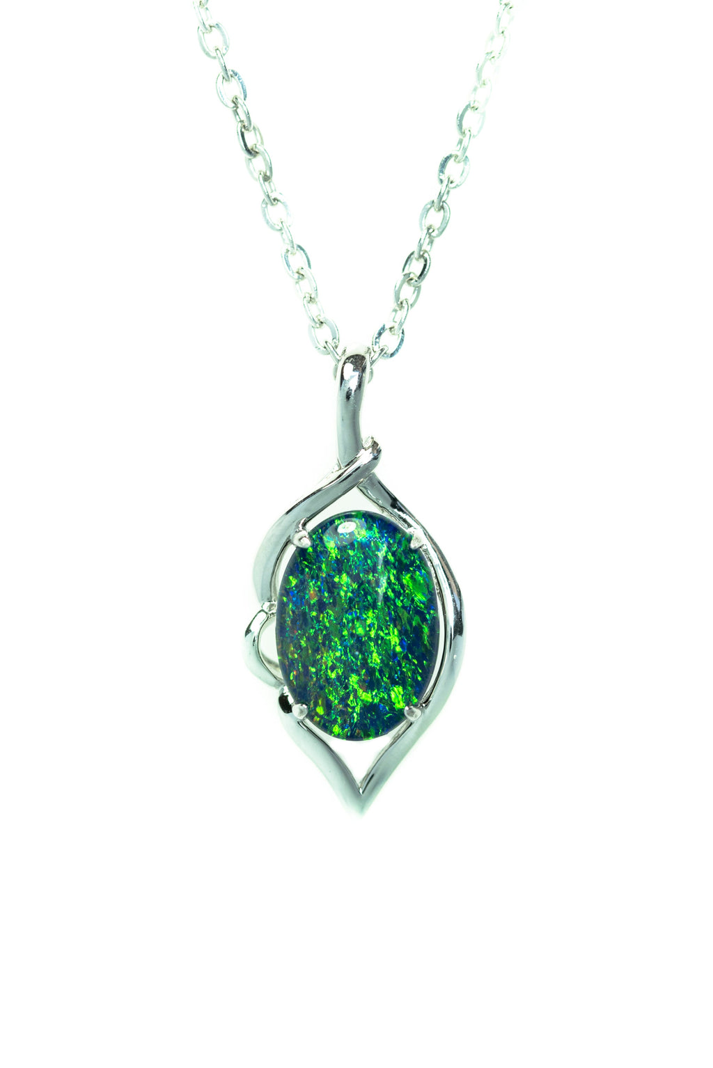 Australia Opal - Fire Opal Necklace - Simple Design - Green Blue Genuine Australian Triplet Opal Pendant Sterling Silver White Gold Plated