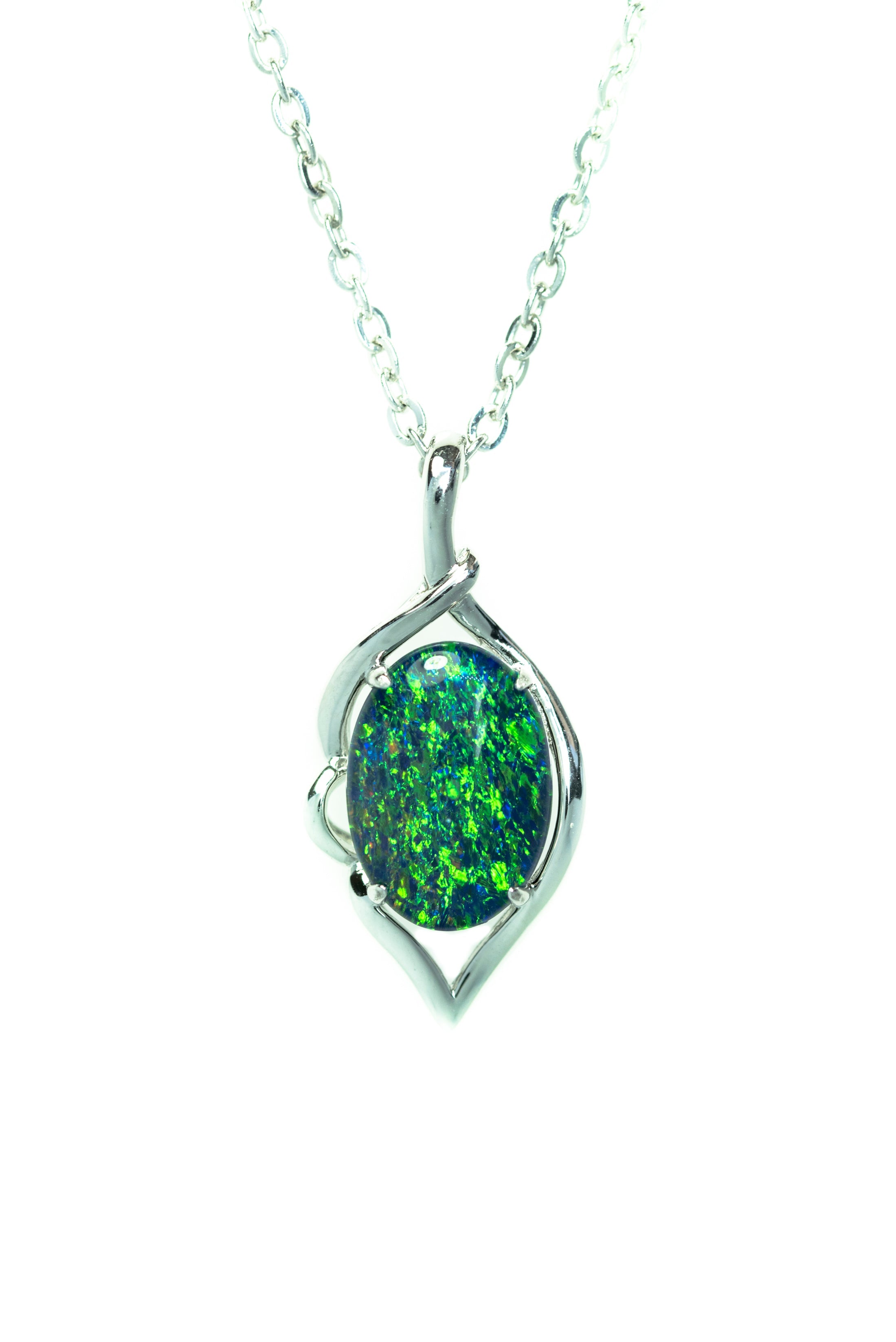 Australia Opal - Fire Opal Necklace - Simple Design - Green Blue Genuine Australian Triplet Opal Pendant Sterling Silver White Gold Plated