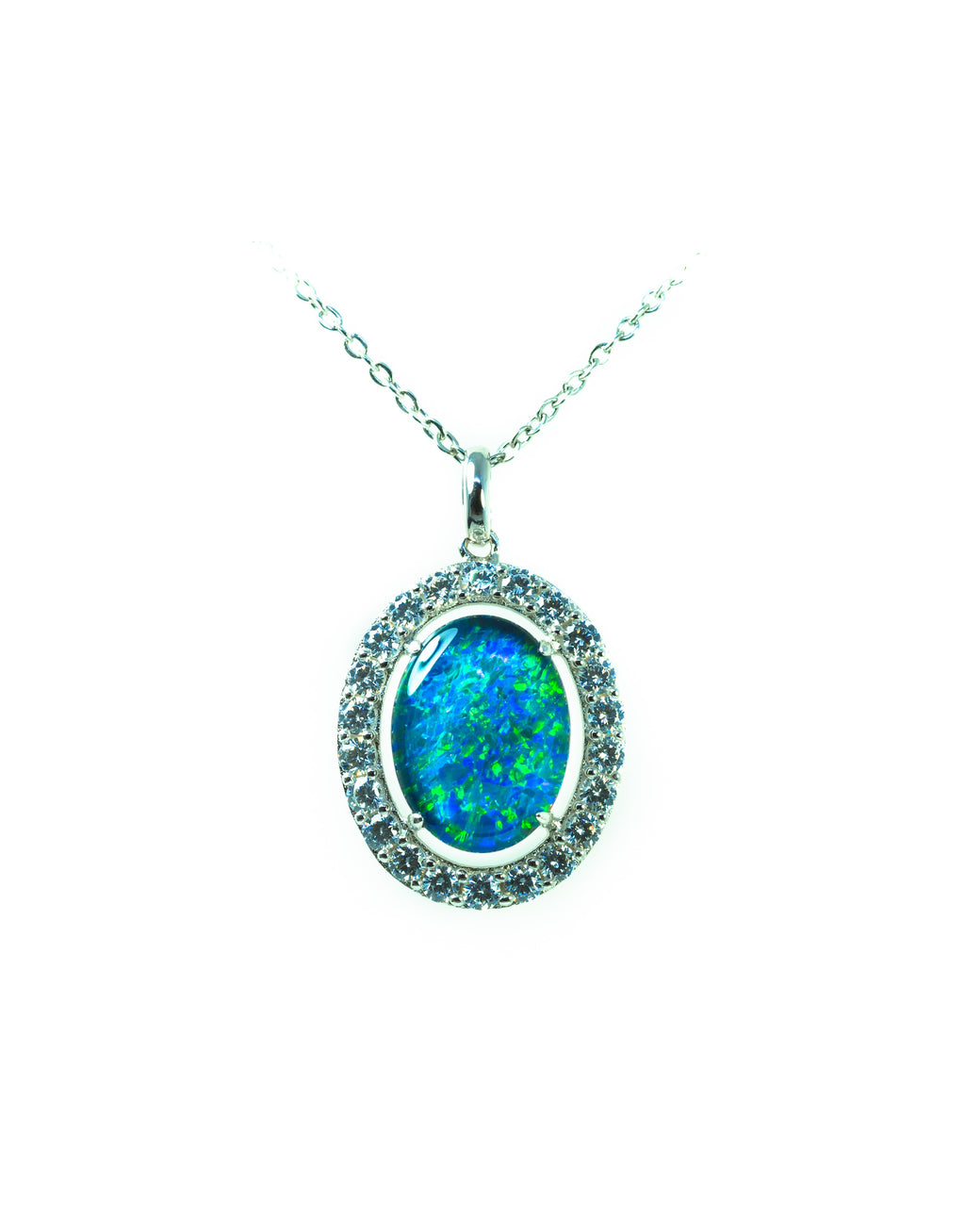 Luxury Australian Triplet Opal Necklace – Genuine Green & Blue Multi-Color Fire Opal Pendant, Sterling Silver with White Gold Plating, Halo Cluster Design