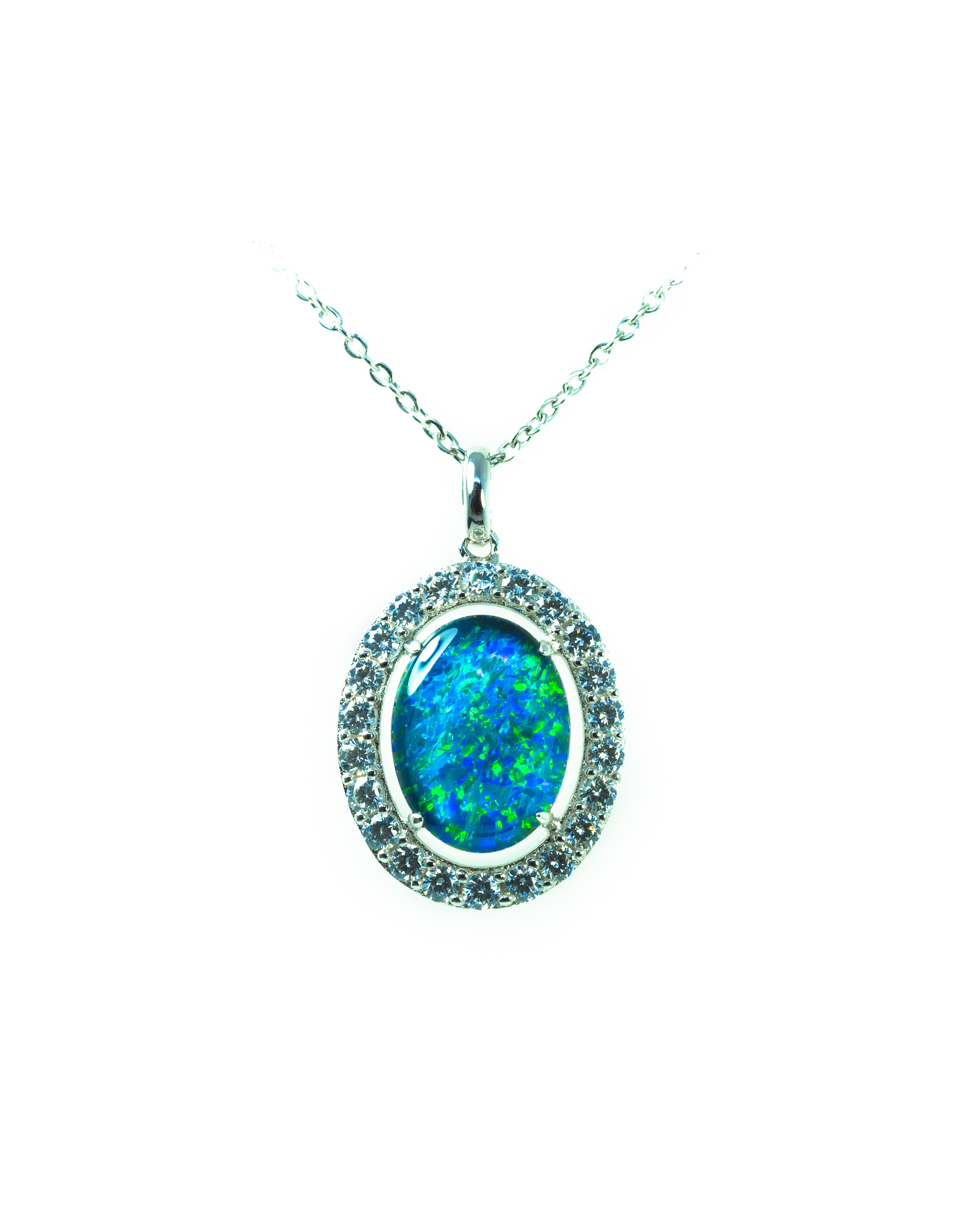 Luxury Australian Triplet Opal Necklace – Genuine Green & Blue Multi-Color Fire Opal Pendant, Sterling Silver with White Gold Plating, Halo Cluster Design