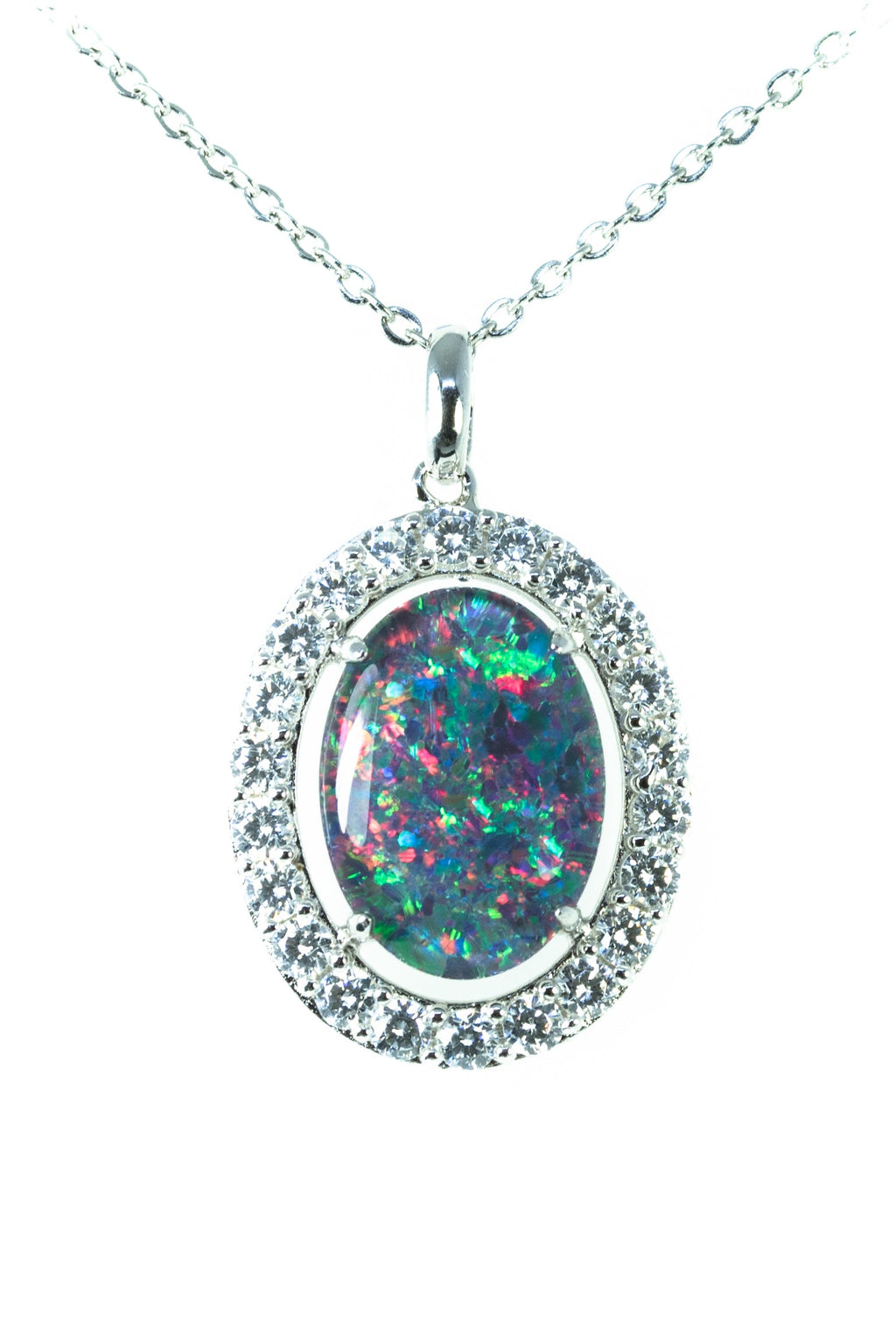 Luxury Australian Triplet Opal Jewelry - Halo Cluster Multi Color Fire Opal Necklace - Genuine Australian Triplet Opal Pendant in Sterling Silver White Gold Plated