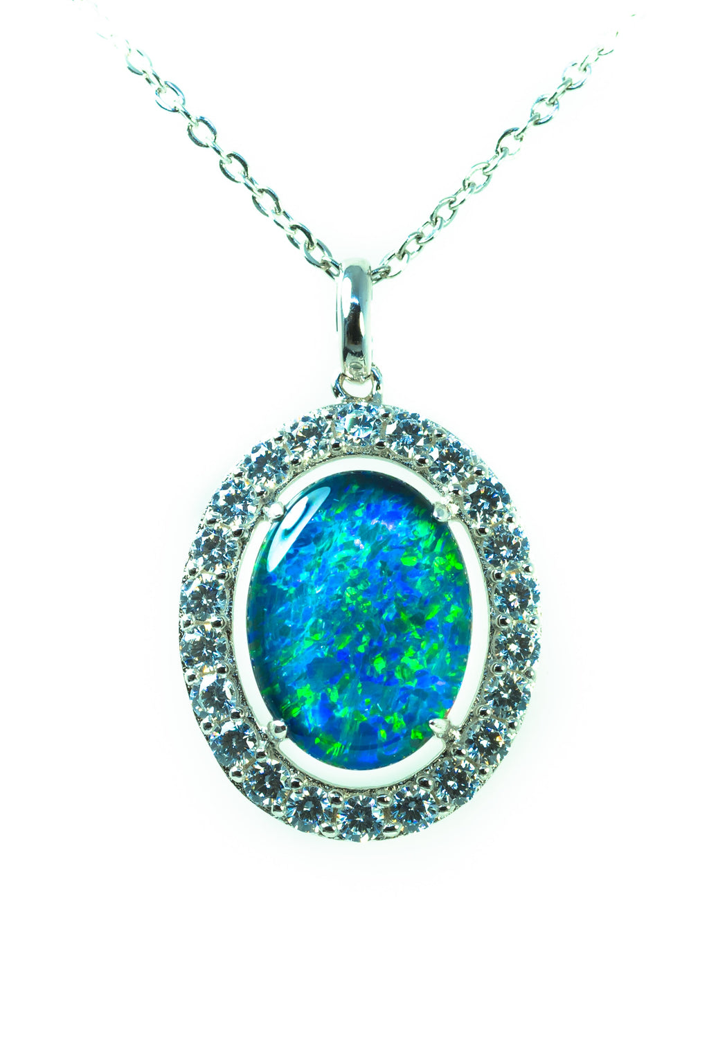 Luxury Australian Triplet Opal Necklace – Genuine Green & Blue Multi-Color Fire Opal Pendant, Sterling Silver with White Gold Plating, Halo Cluster Design