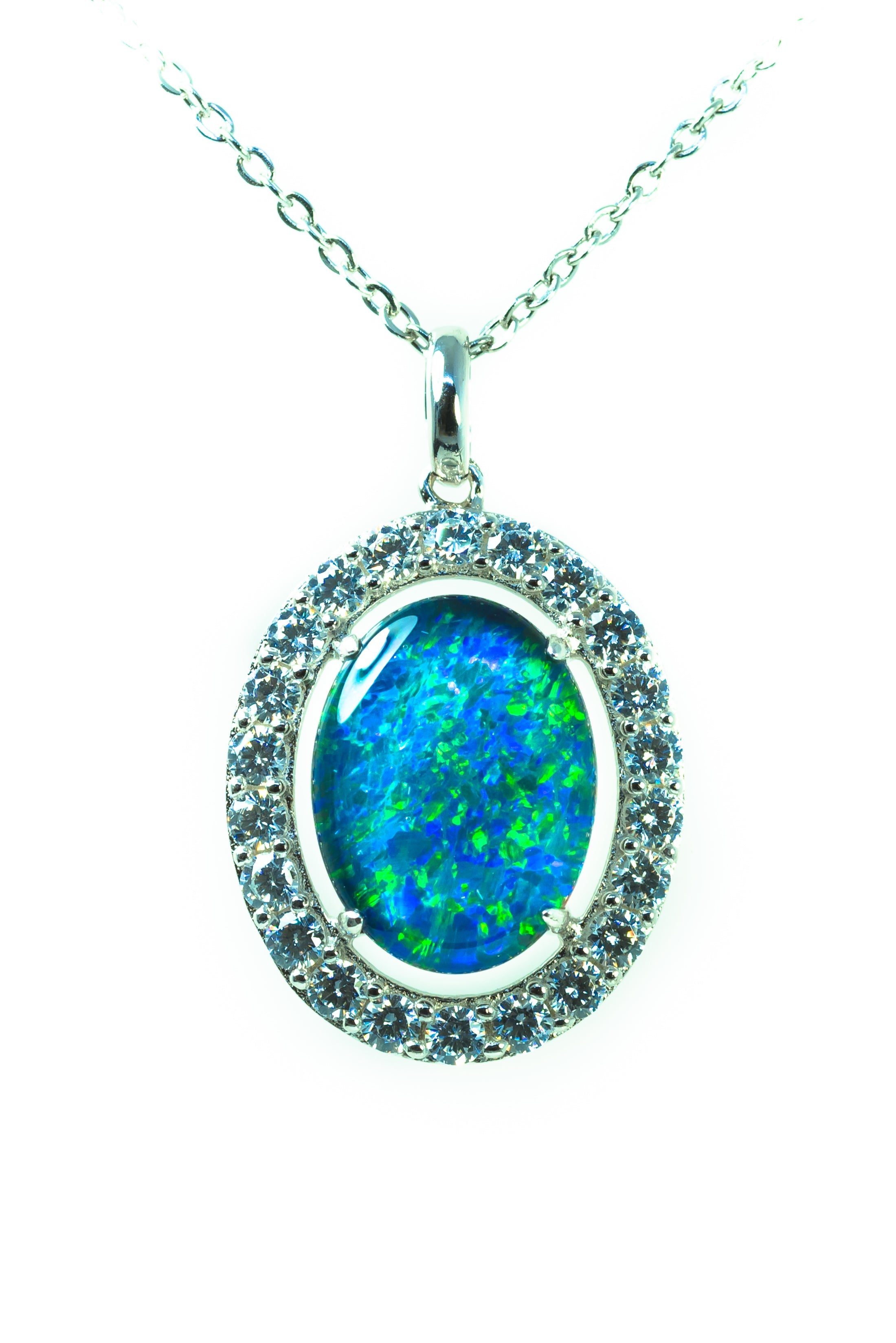 Luxury Australian Triplet Opal Necklace – Genuine Green & Blue Multi-Color Fire Opal Pendant, Sterling Silver with White Gold Plating, Halo Cluster Design