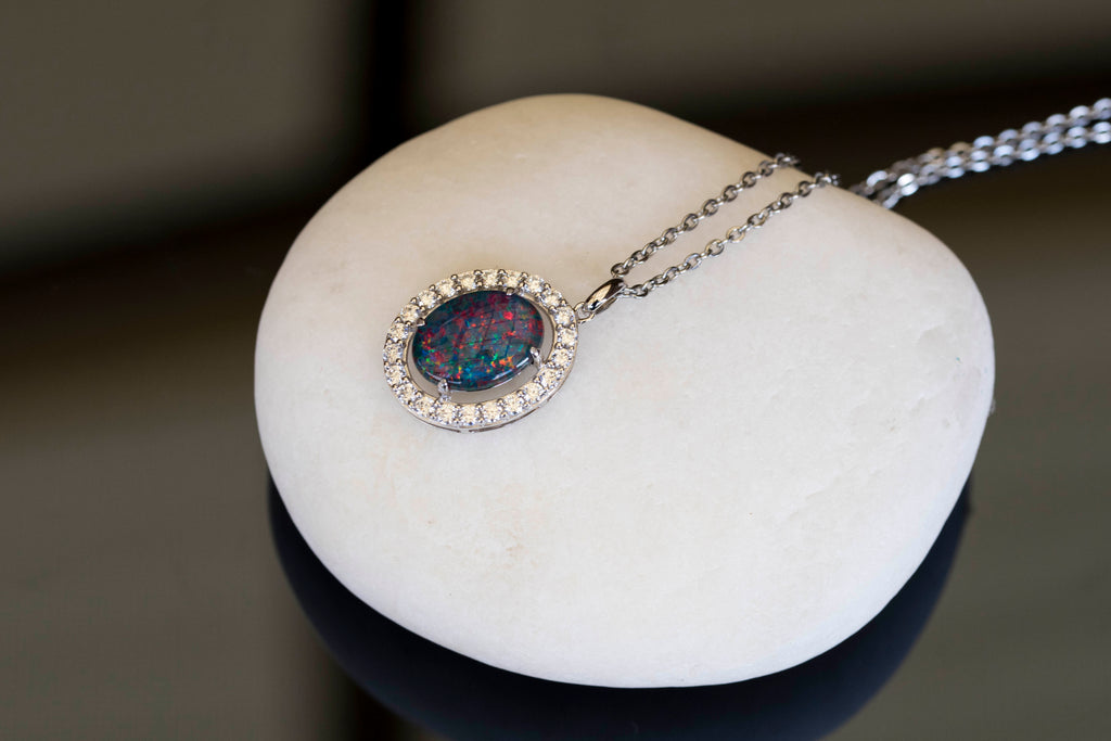Luxury Australian Triplet Opal Jewelry - Halo Cluster Multi Color Fire Opal Necklace - Genuine Australian Triplet Opal Pendant in Sterling Silver White Gold Plated